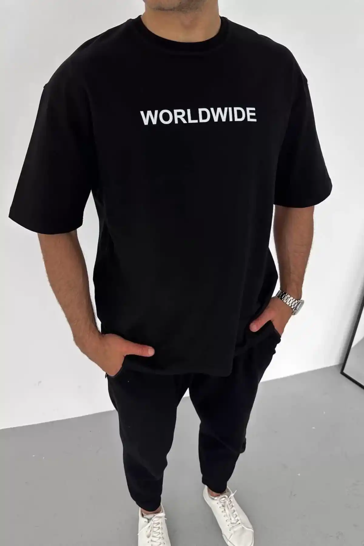 Unisex Bisiklet Yaka Baskılı Oversize T-Shirt - Siyah