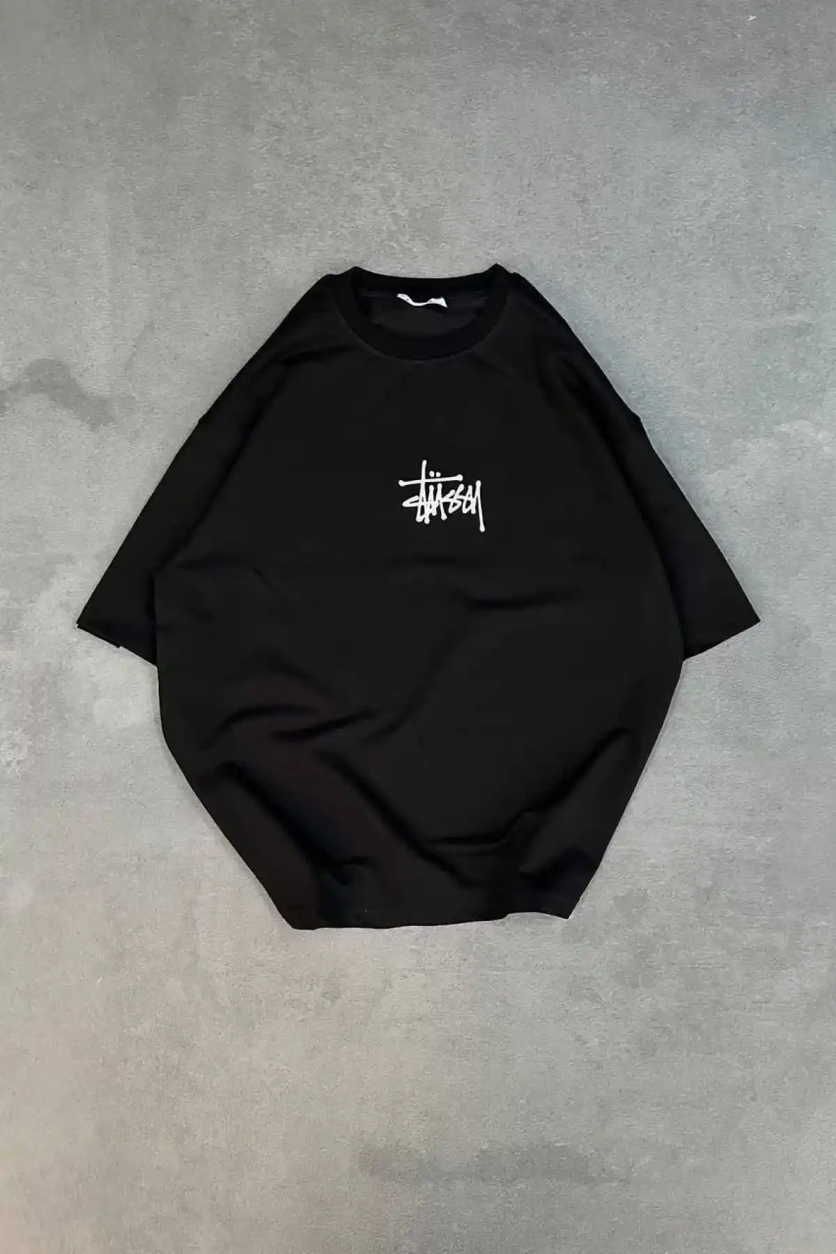 Unisex Bisiklet Yaka Baskılı Oversize T-Shirt - Siyah