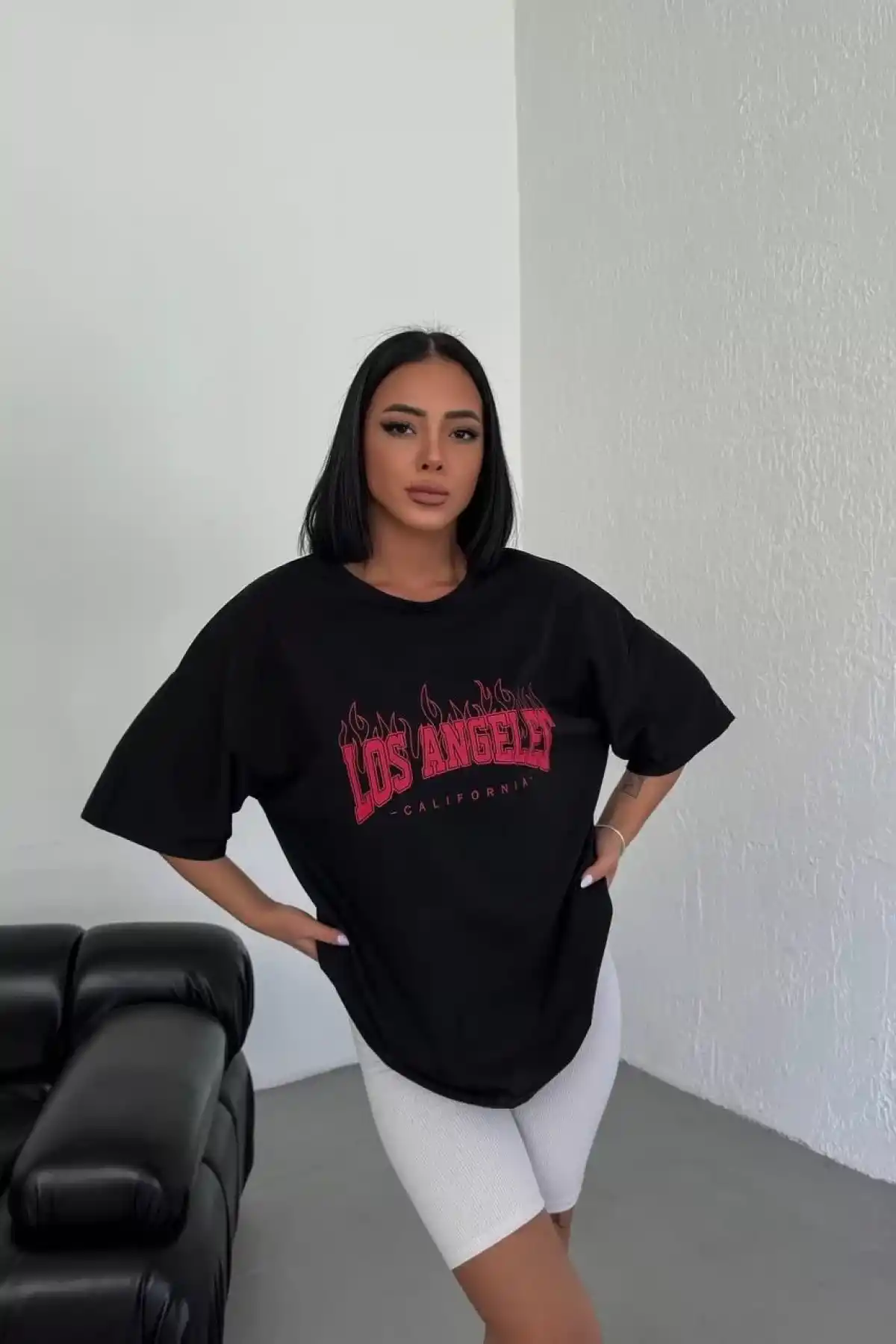 Unisex Bisiklet Yaka Baskılı Oversize T-Shirt - Siyah