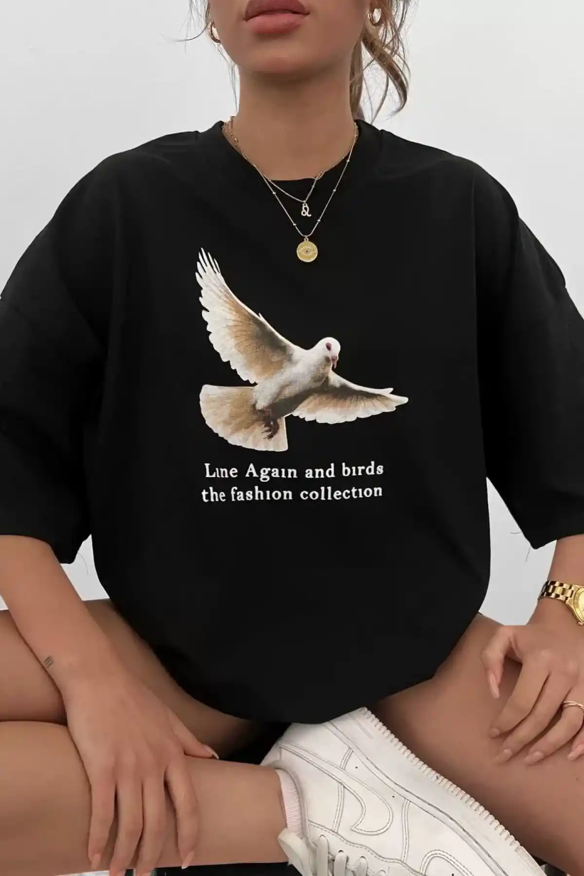 Unisex Bisiklet Yaka Baskılı Oversize T-Shirt - Siyah