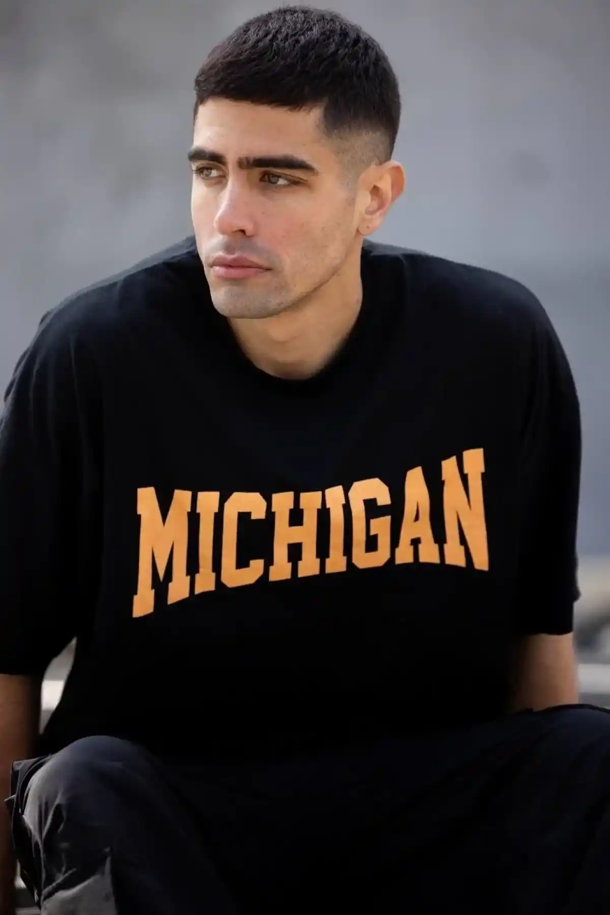 ERKEK Bisiklet Yaka Baskılı Oversize T-Shirt - Siyah