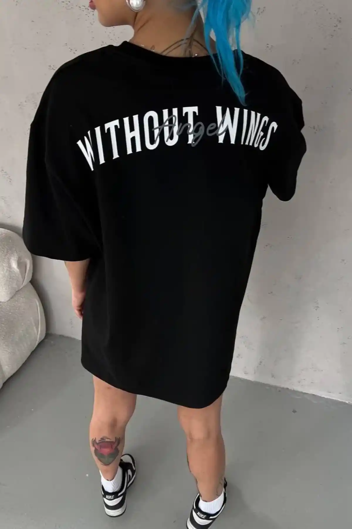 kadın Bisiklet Yaka Baskılı Oversize T-Shirt - Siyah