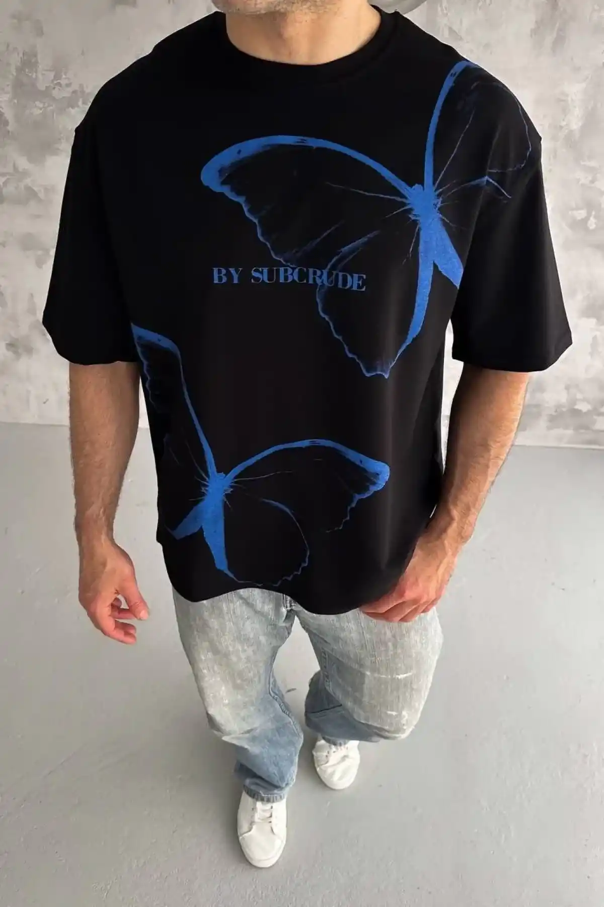 Erkek  Bisiklet Yaka Baskılı Oversize T-Shirt - Siyah