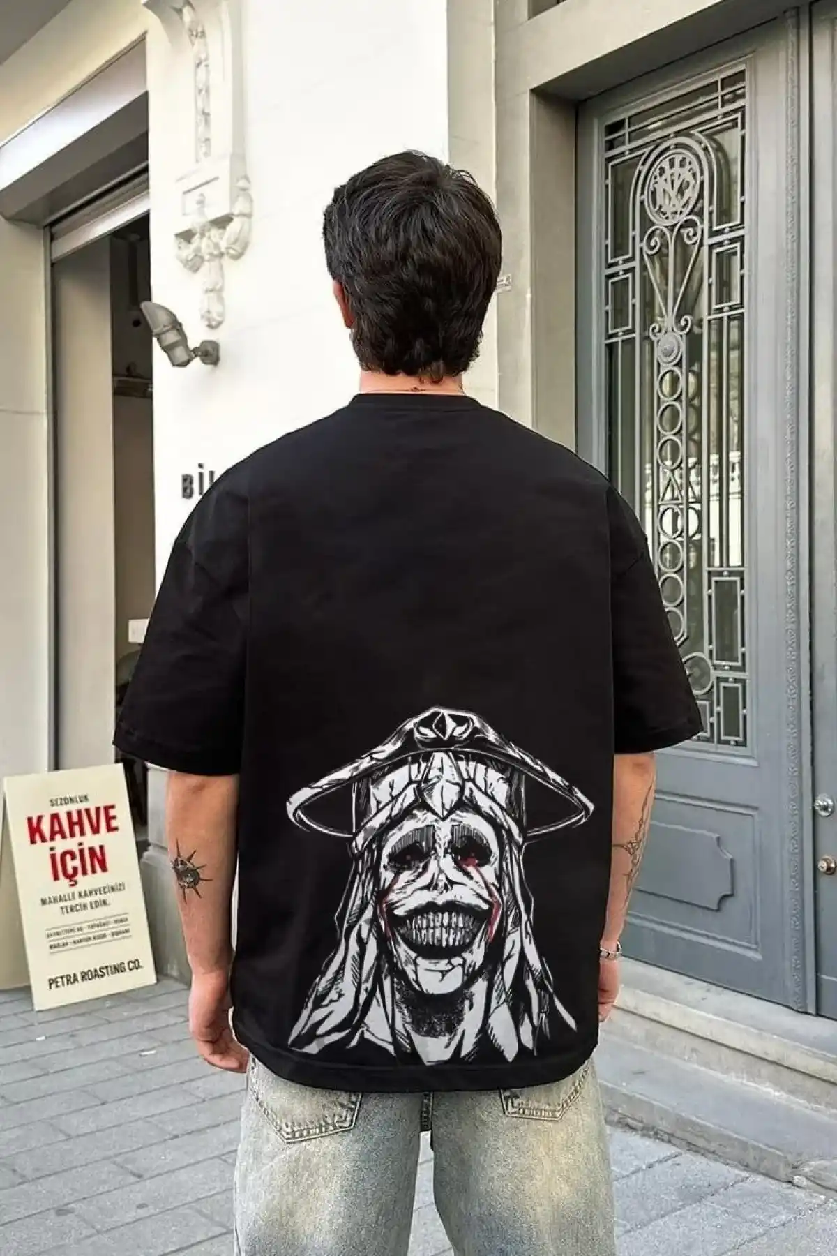 ERKEK Bisiklet Yaka ön ve arka Baskılı Oversize T-Shirt - Siyah