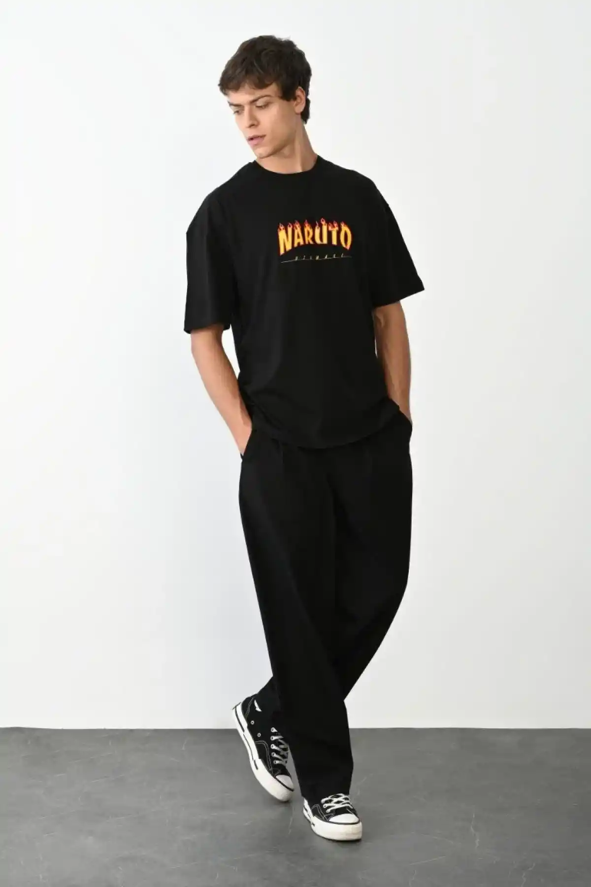 Erkek Bisiklet Yaka Baskılı Oversize T-Shirt - Siyah