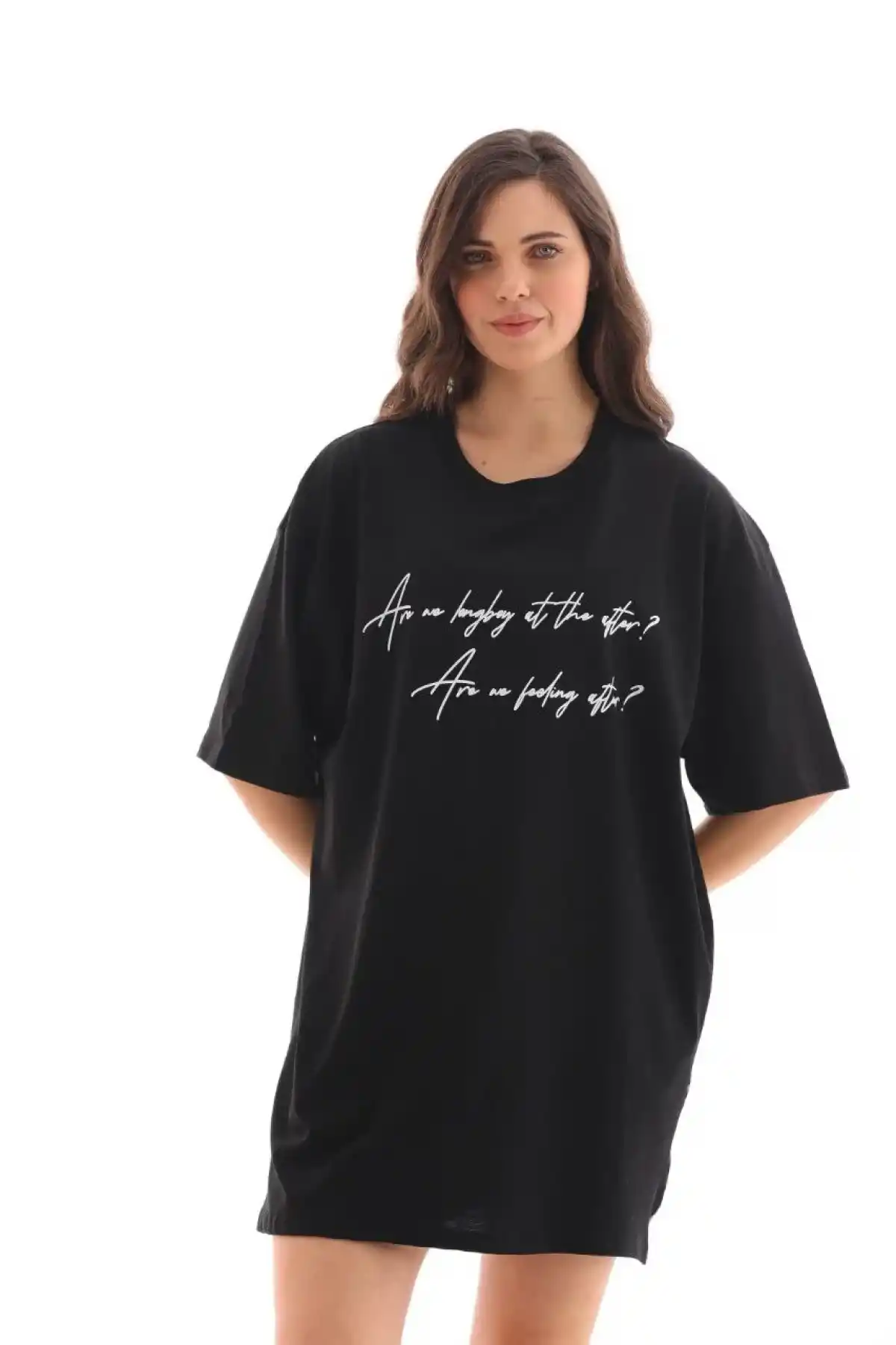 kadın  Bisiklet Yaka Baskılı Oversize T-Shirt - Siyah