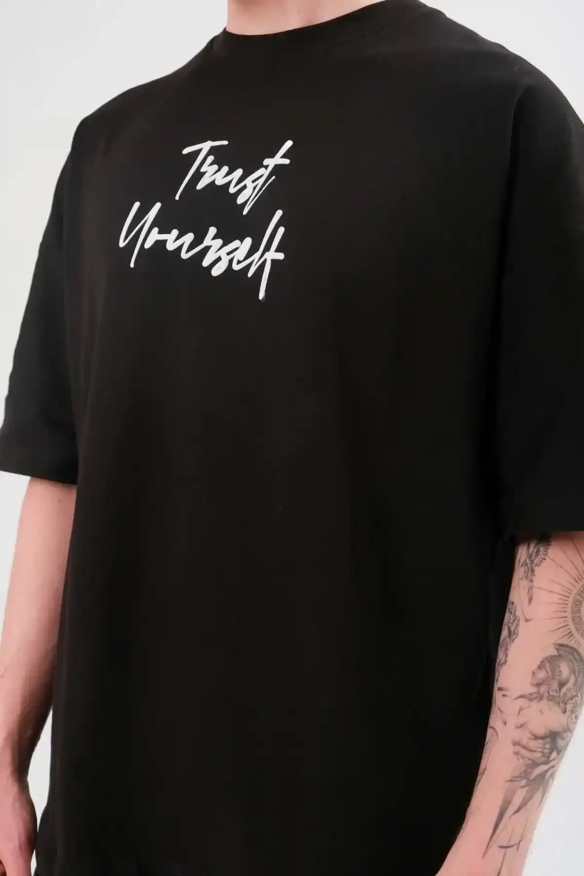 ERKEK Bisiklet Yaka Baskılı Oversize T-Shirt - Siyah