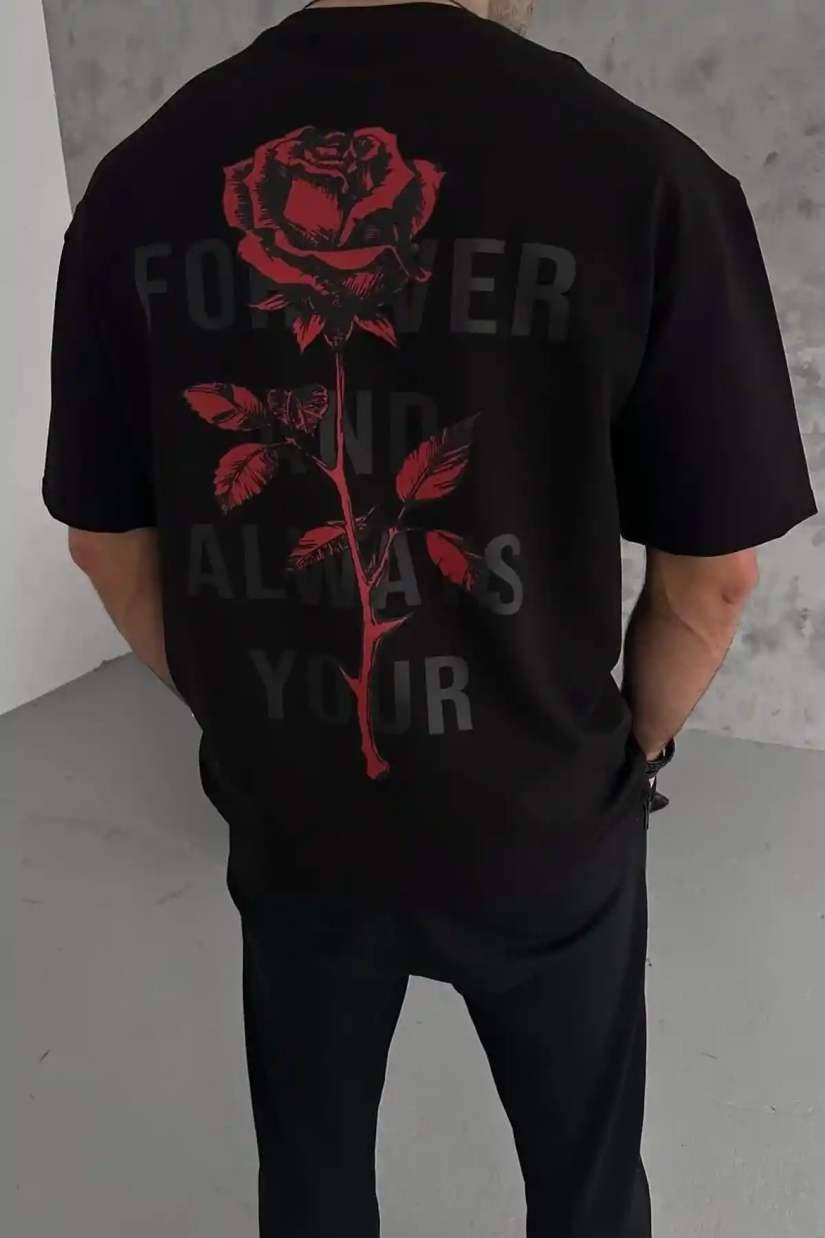 Erkek Bisiklet Yaka Baskılı Oversize T-Shirt - Siyah