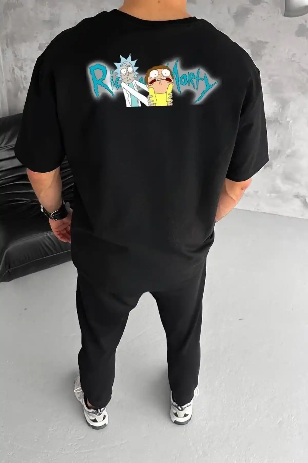 ERKEK Bisiklet Yaka ön ve sırt Baskılı Oversize T-Shirt - Siyah