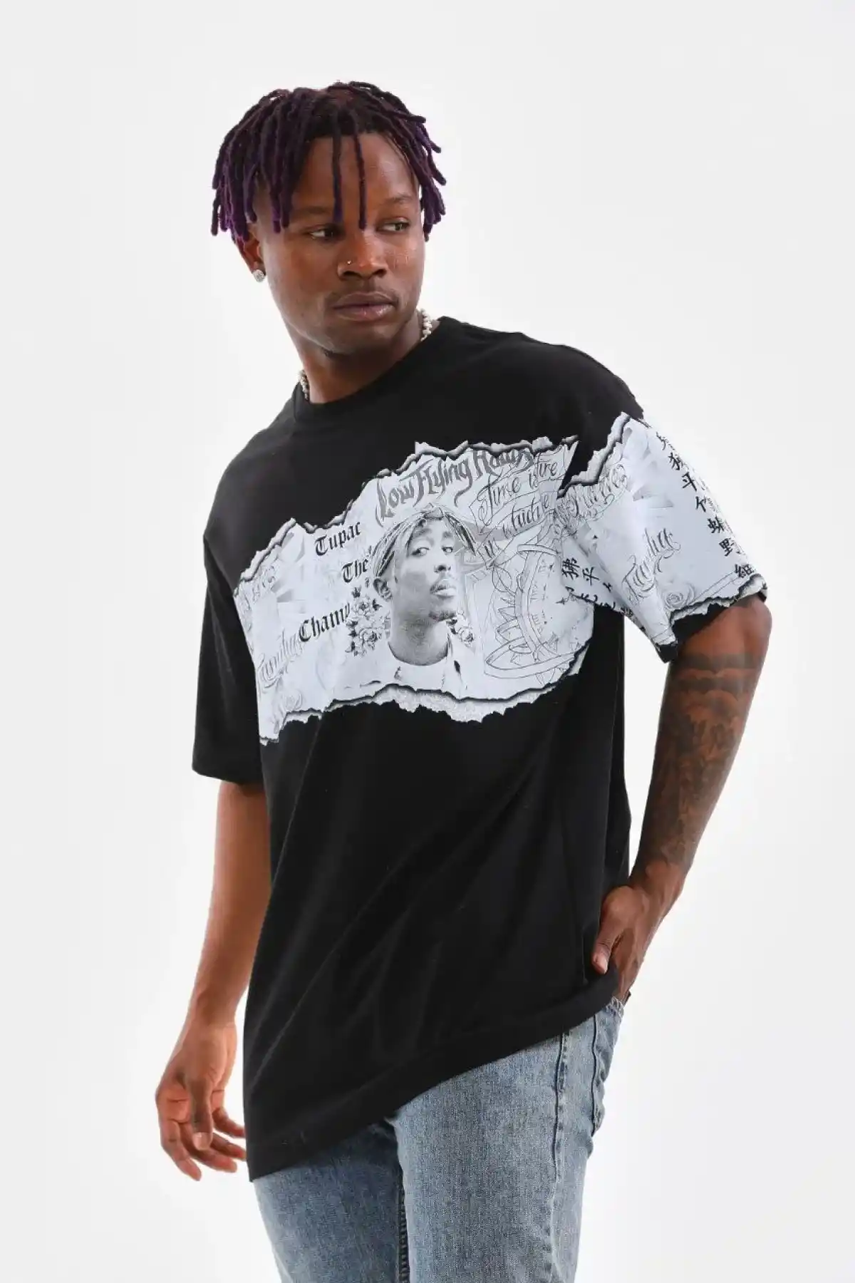 Erkek  Bisiklet Yaka Baskılı Oversize T-Shirt - Siyah