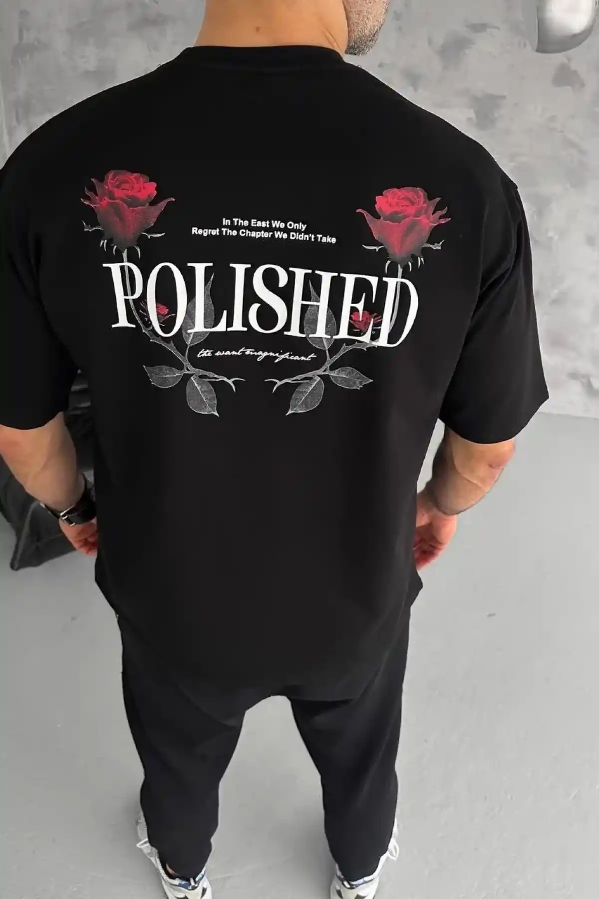 Erkek  Bisiklet Yaka Baskılı Oversize T-Shirt - Siyah