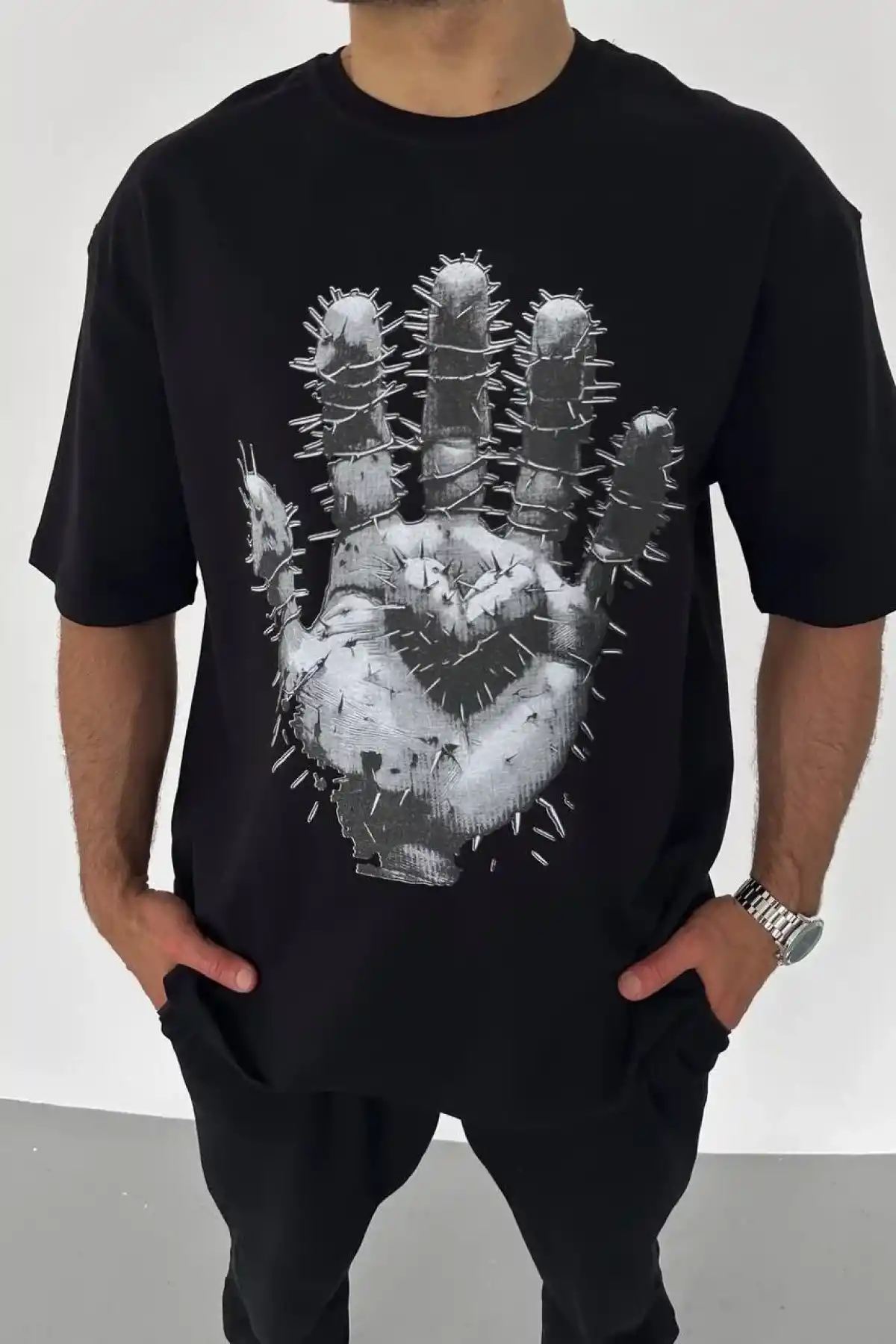 ERKEK Bisiklet Yaka Baskılı Oversize T-Shirt - Siyah