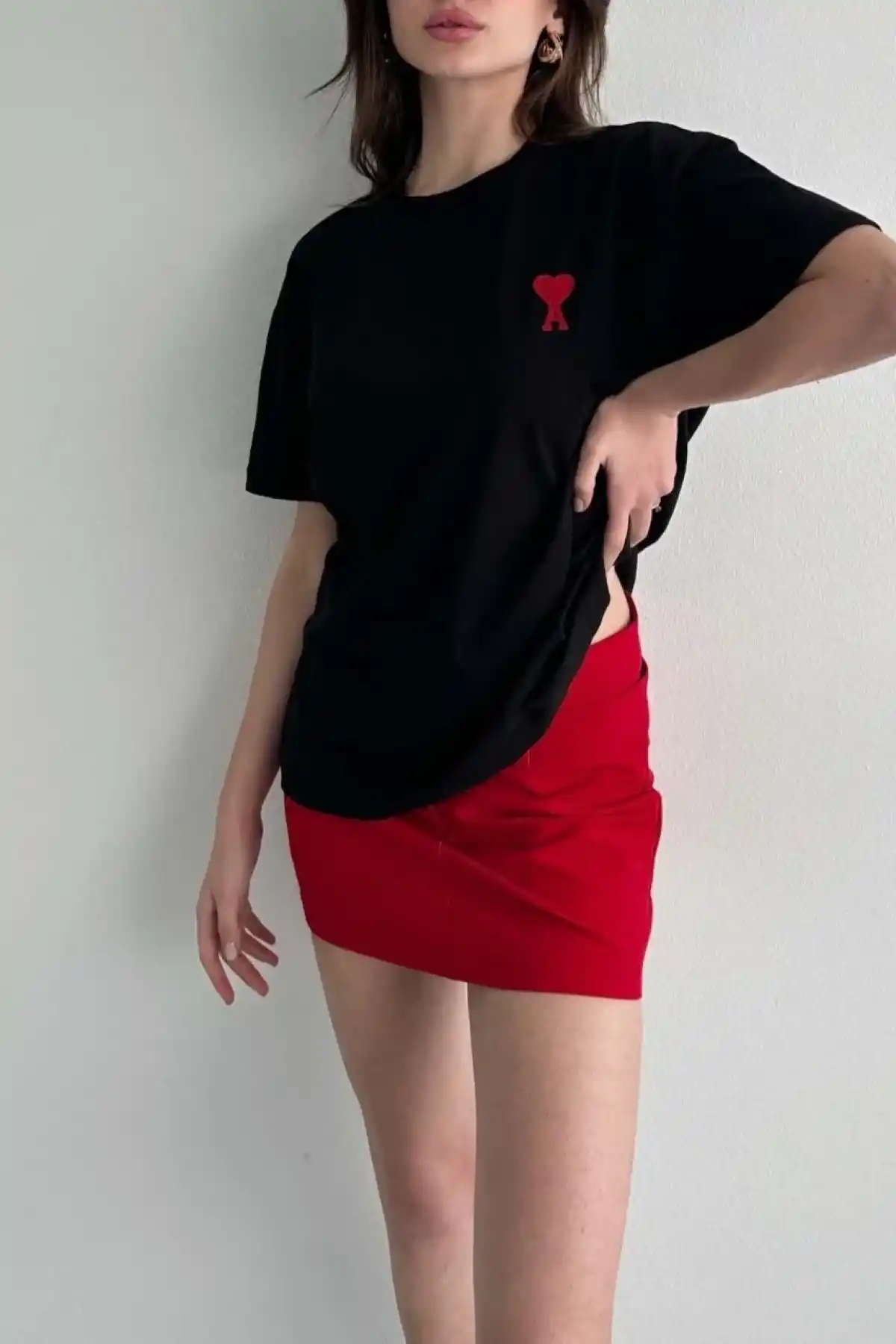 kadın  Bisiklet Yaka Baskılı Oversize T-Shirt - Siyah