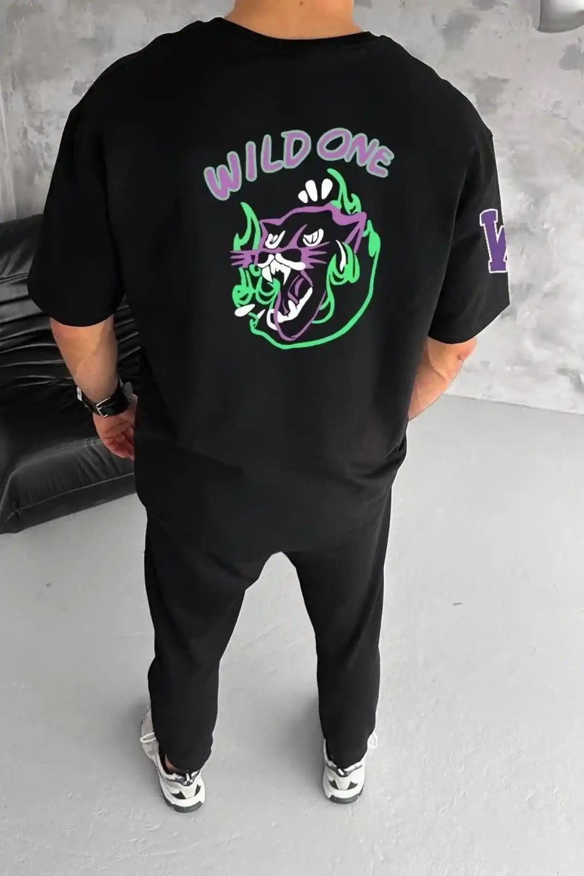 Erkek Bisiklet Yaka Baskılı Oversize T-Shirt - Siyah