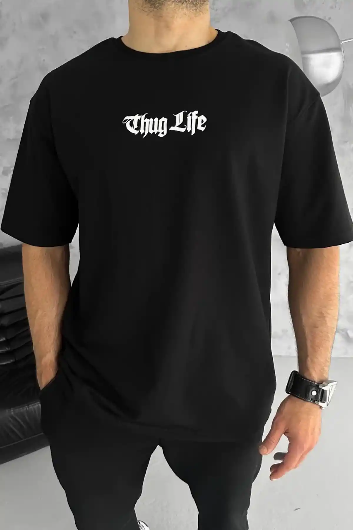 Erkek Bisiklet Yaka Baskılı Oversize T-Shirt - Siyah