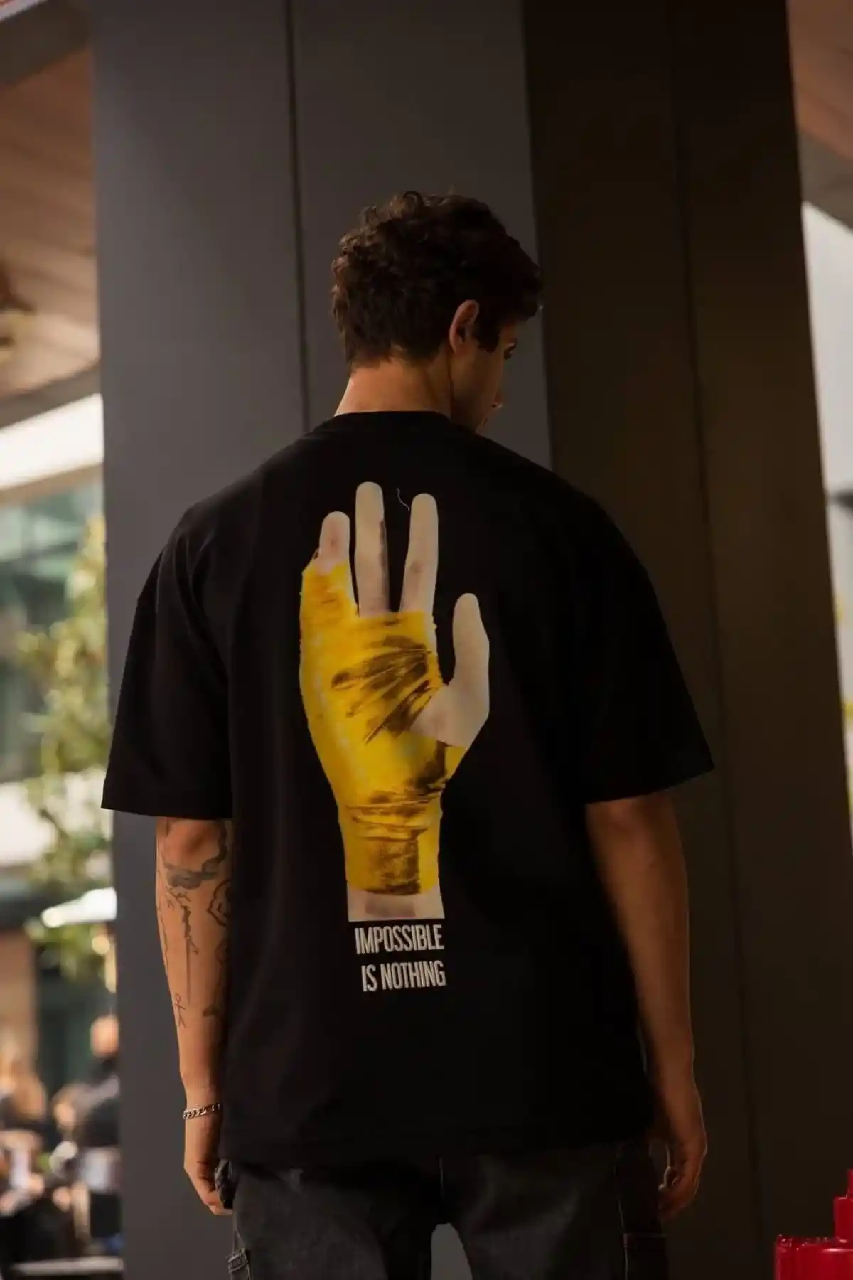 Erkek Bisiklet Yaka Baskılı Oversize T-Shirt - Siyah