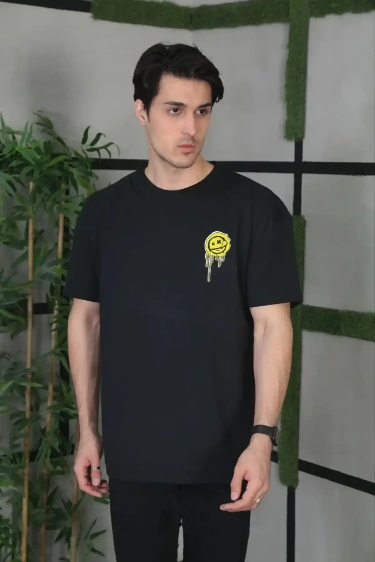 ERKEK Bisiklet Yaka Baskılı Oversize T-Shirt - Siyah