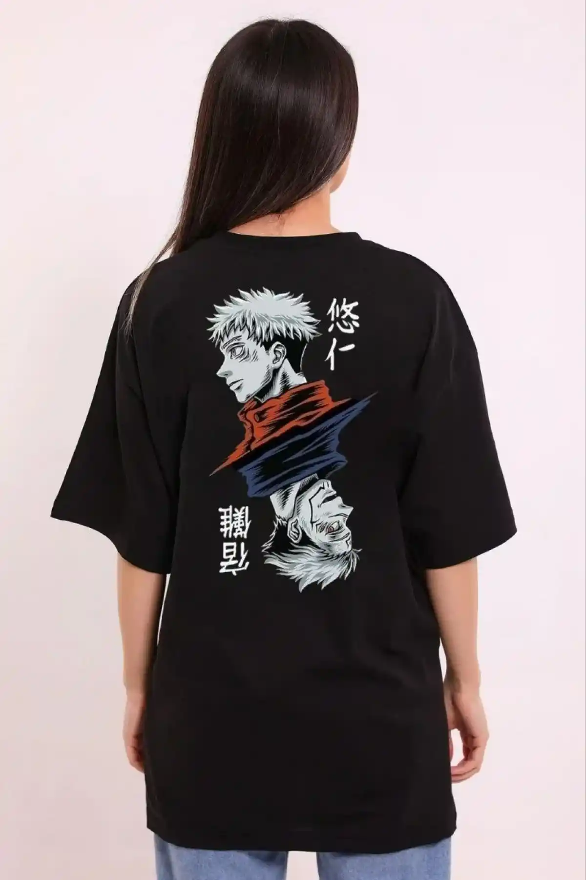 kadın  Bisiklet Yaka Baskılı Oversize T-Shirt - Siyah