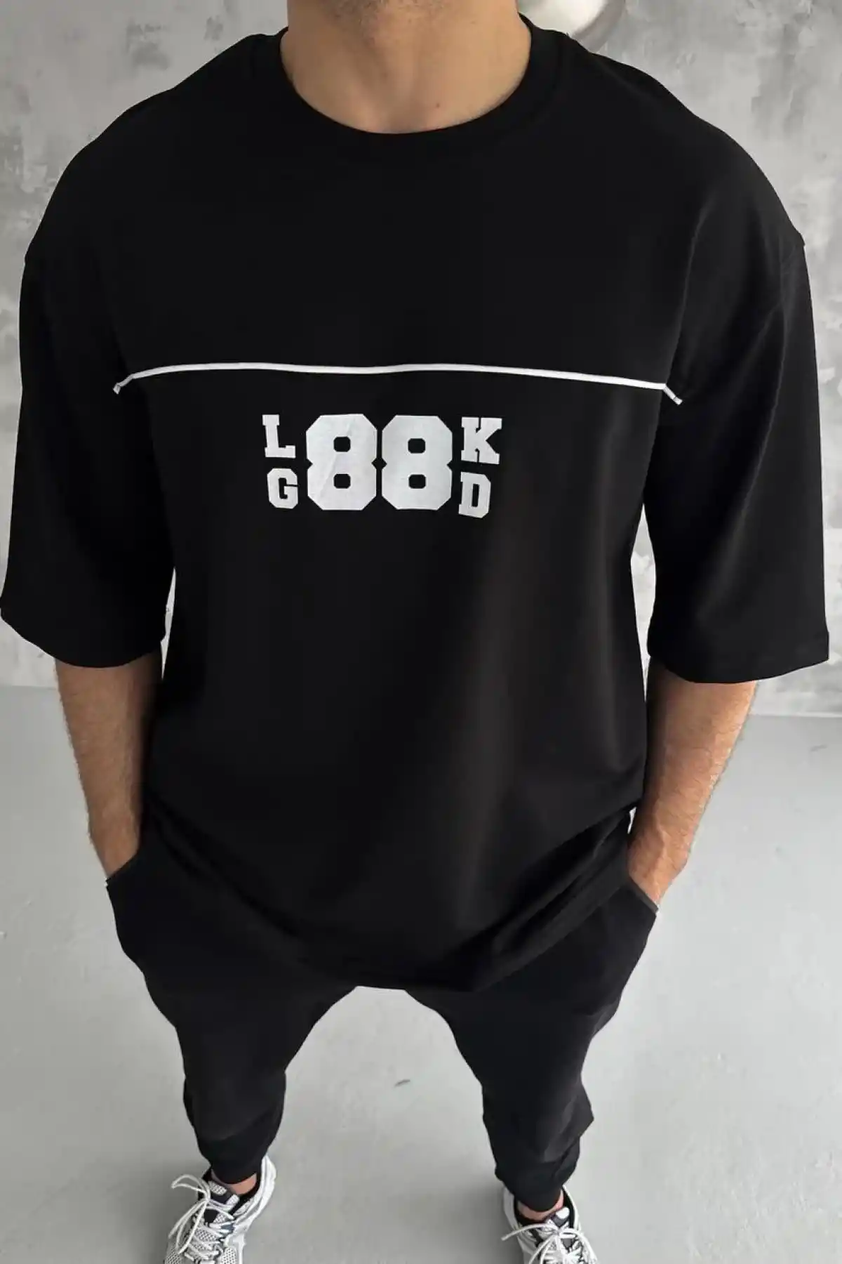 Erkek Bisiklet Yaka Baskılı Oversize T-Shirt - Siyah