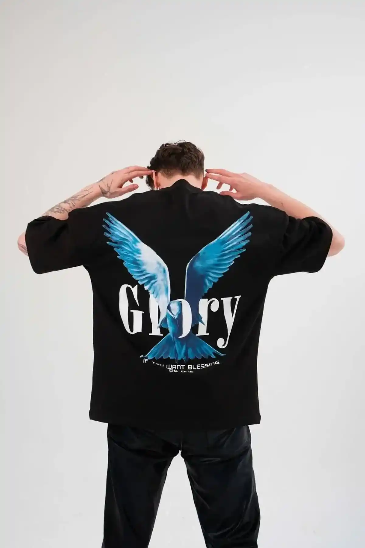 Erkek Bisiklet Yaka Baskılı Oversize T-Shirt - Siyah