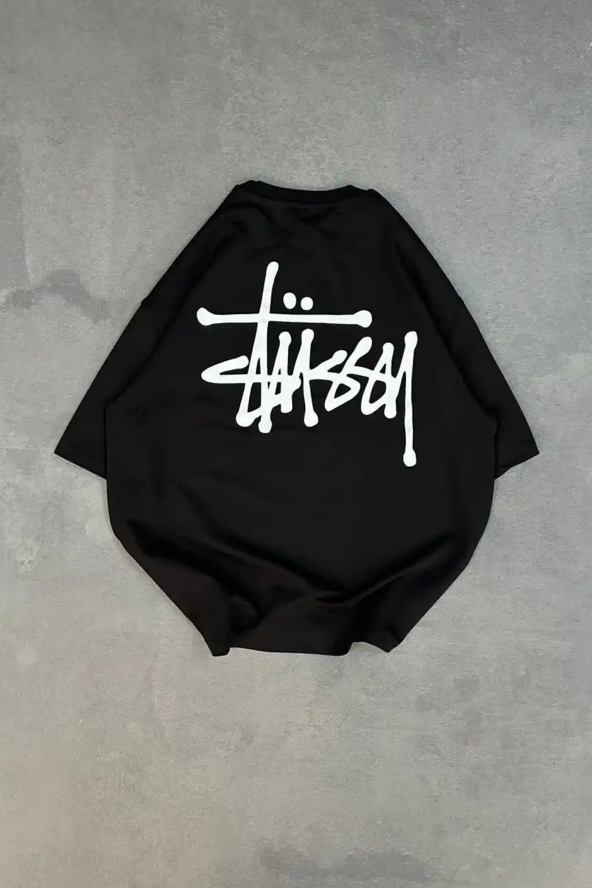 kadın Bisiklet Yaka Baskılı Oversize T-Shirt - Siyah