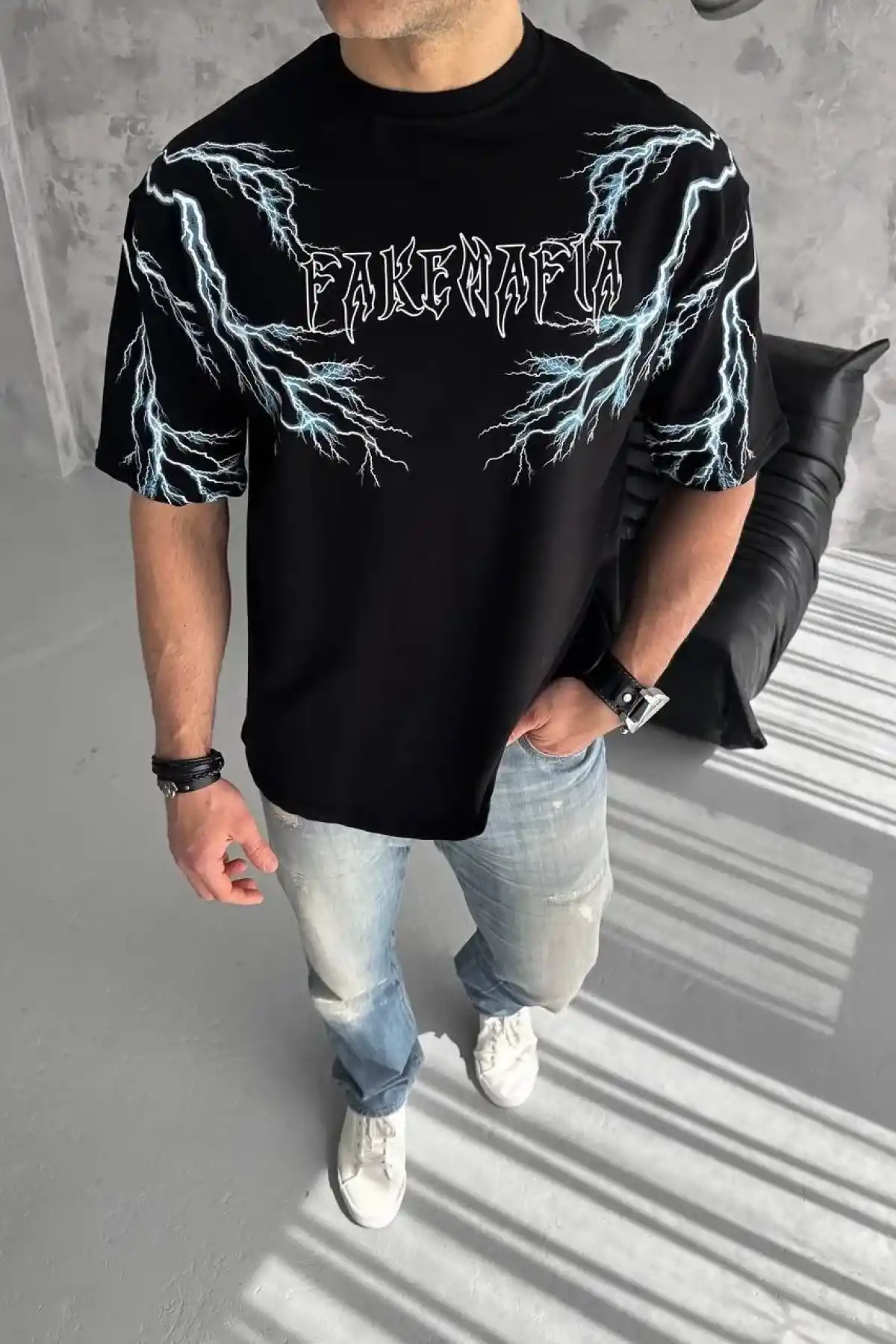 ERKEK Bisiklet Yaka Yıldırım Baskılı Oversize T-Shirt-Siyah