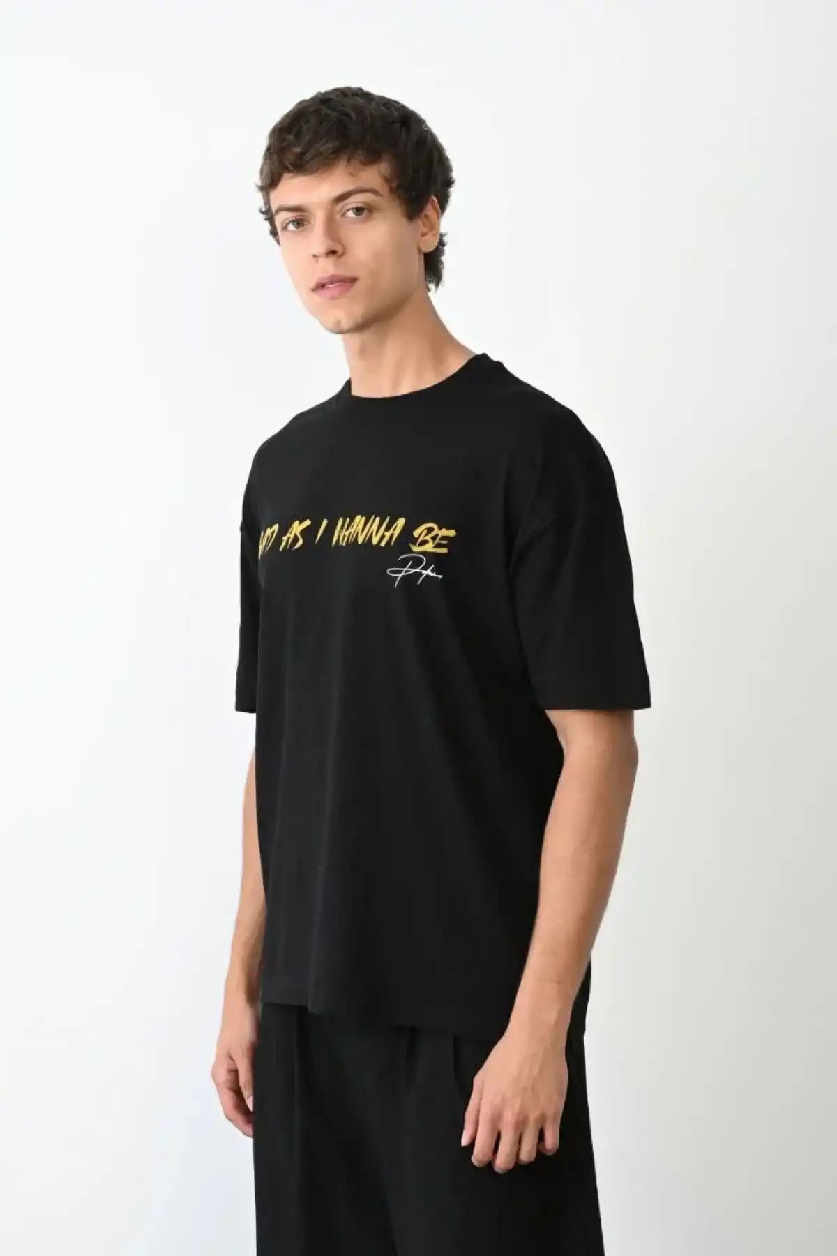 ERKEK Bisiklet Yaka Baskılı Oversize T-Shirt - Siyah