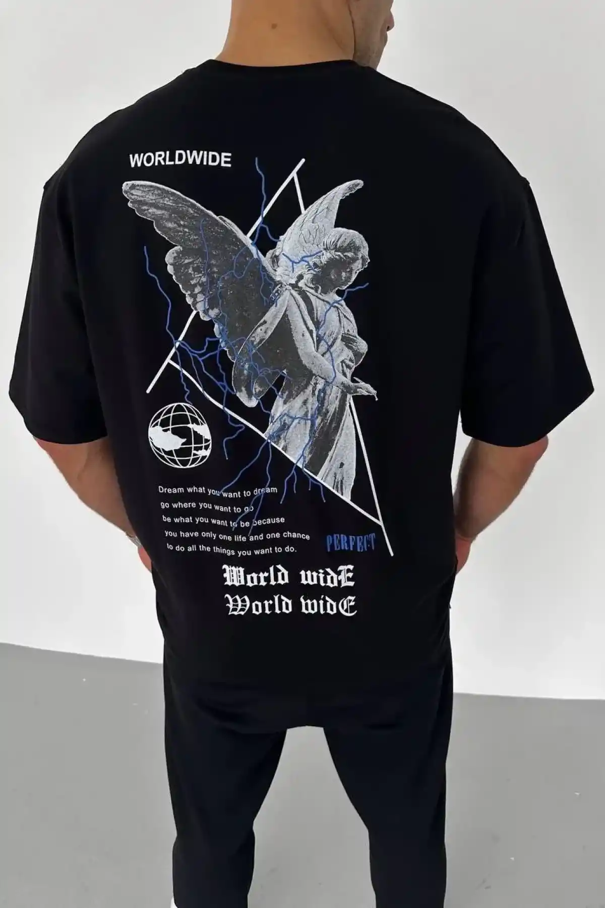 Erkek  Bisiklet Yaka Baskılı Oversize T-Shirt - Siyah