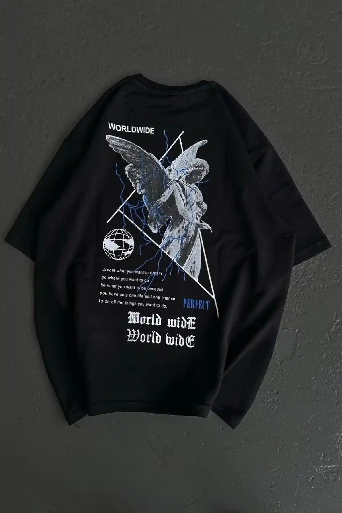 kadın Bisiklet Yaka Baskılı Oversize T-Shirt - Siyah