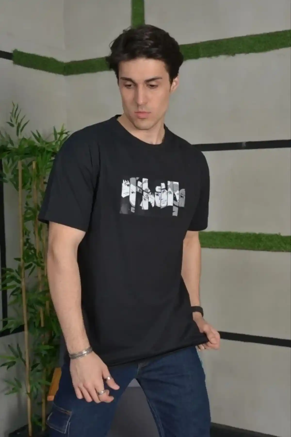 ERKEK Bisiklet Yaka Baskılı Oversize T-Shirt - Siyah