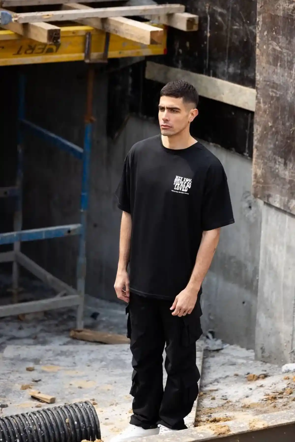 ERKEK Bisiklet Yaka Baskılı Oversize T-Shirt - Siyah