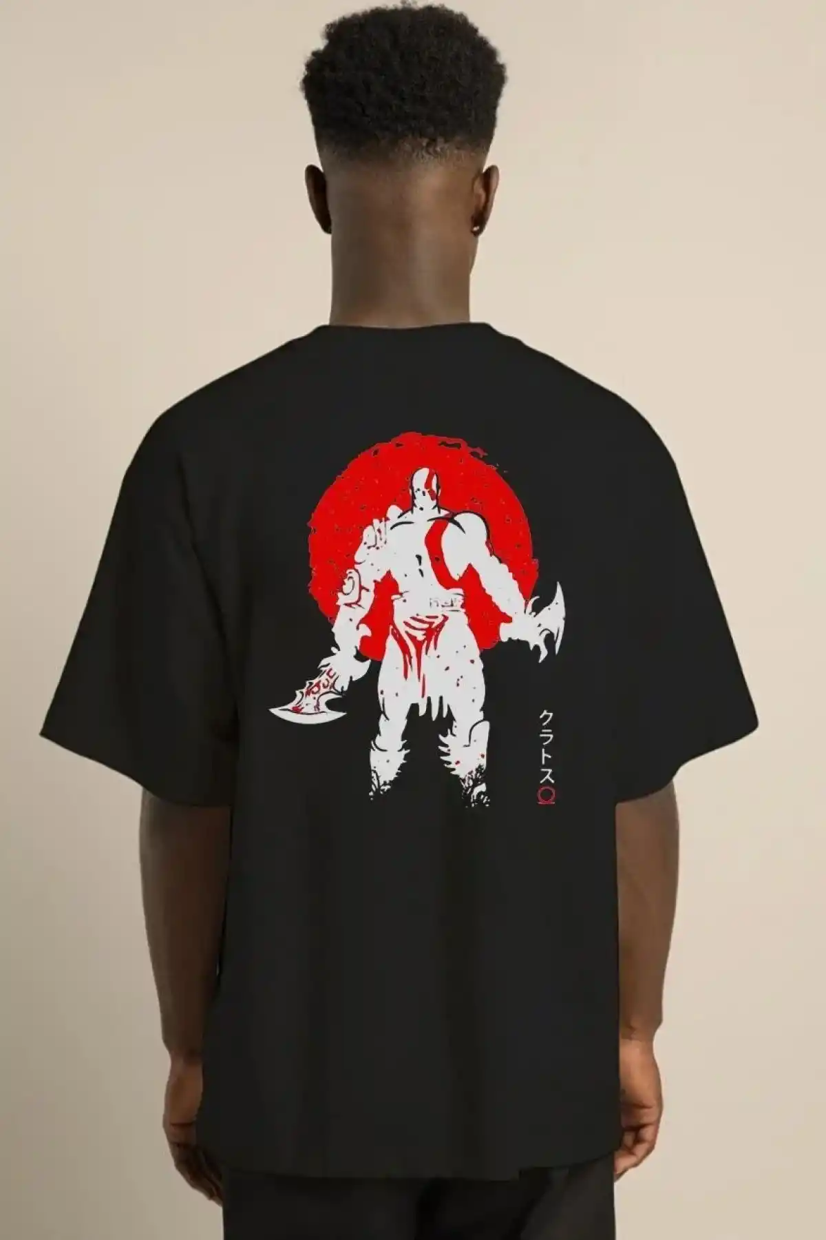 Erkek  Bisiklet Yaka Baskılı Oversize T-Shirt - Siyah