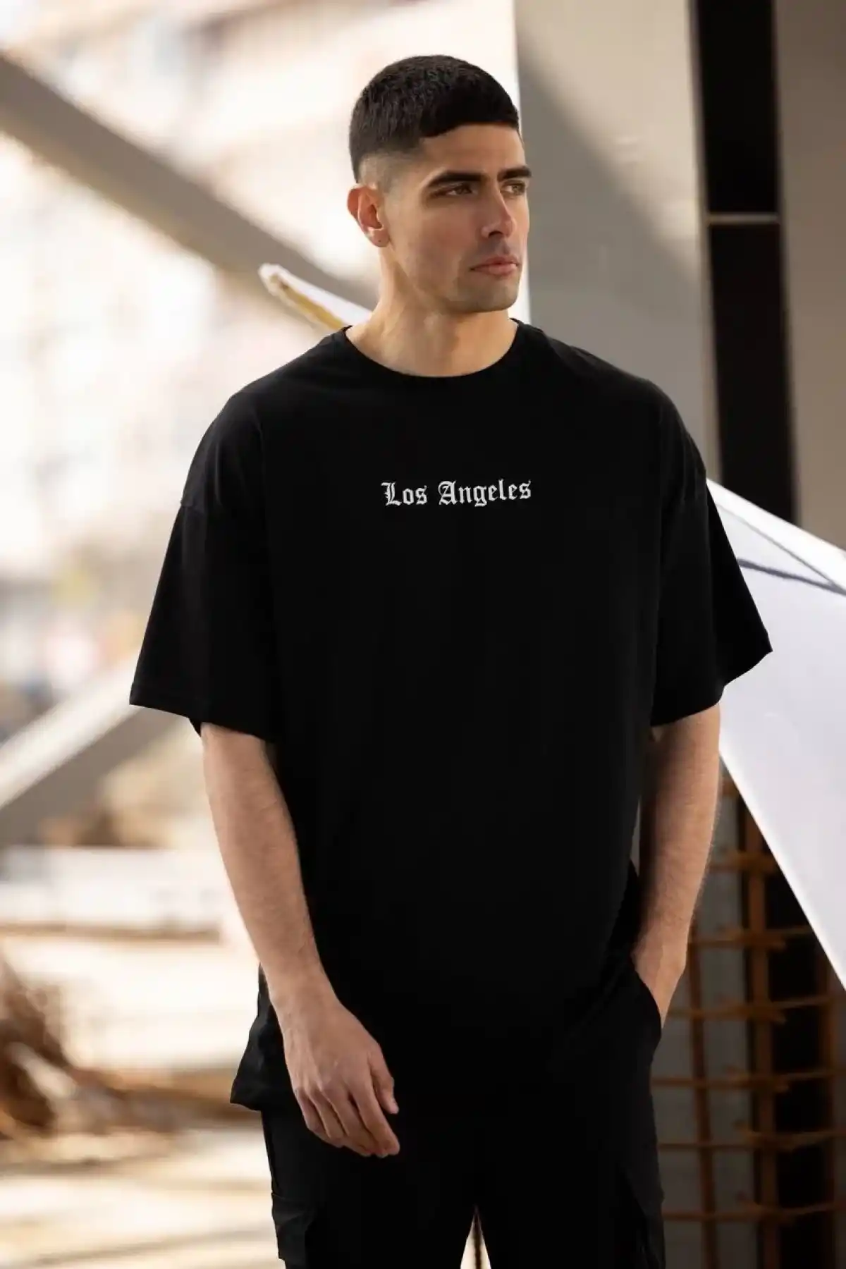 ERKEK Bisiklet Yaka Baskılı Oversize T-Shirt - Siyah