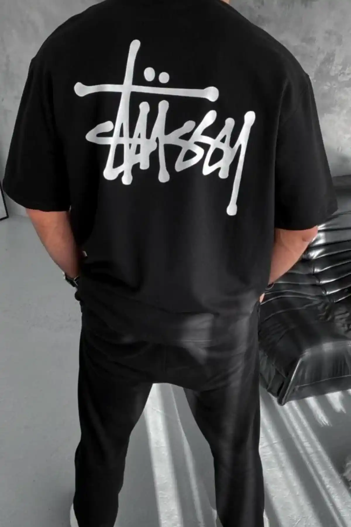 ERKEK Bisiklet Yaka Baskılı Oversize T-Shirt - Siyah