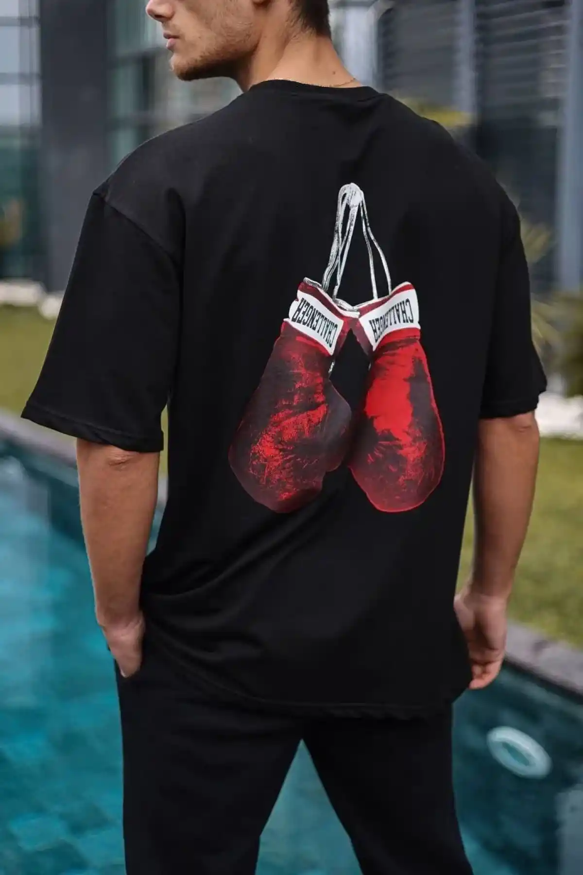 Erkek  Bisiklet Yaka Baskılı Oversize T-Shirt - Siyah