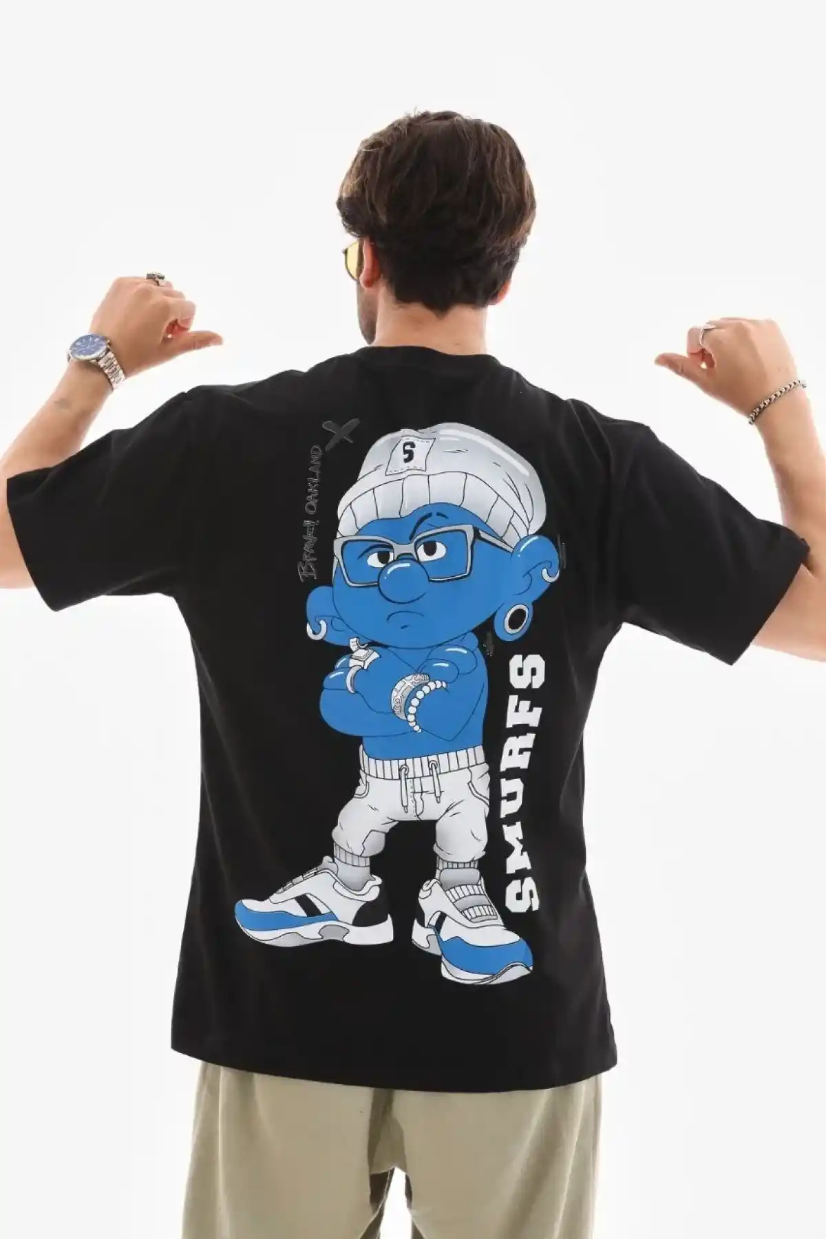 Erkek  Bisiklet Yaka Baskılı Oversize T-Shirt - Siyah