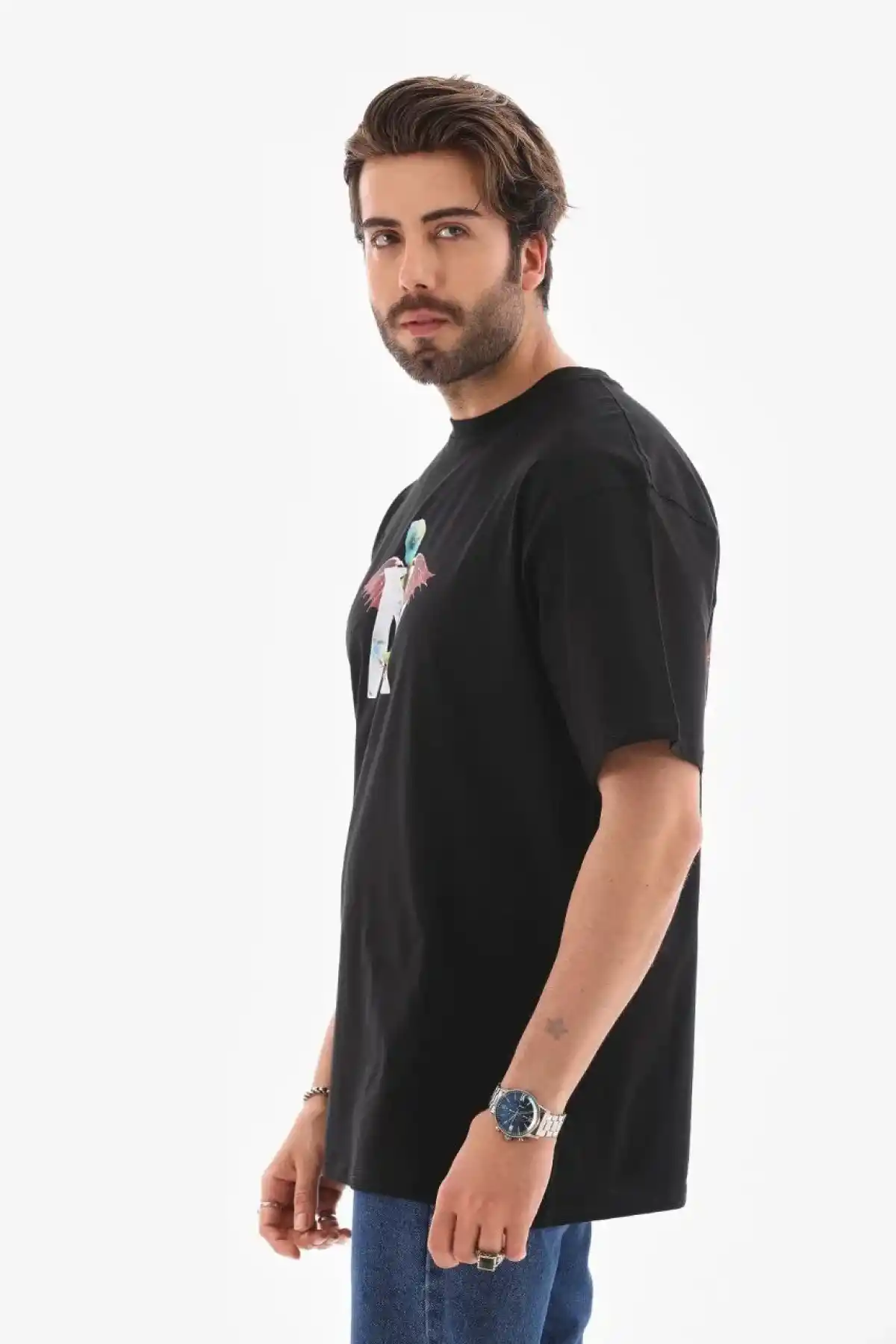 Erkek Bisiklet Yaka Baskılı Oversize T-Shirt - Siyah