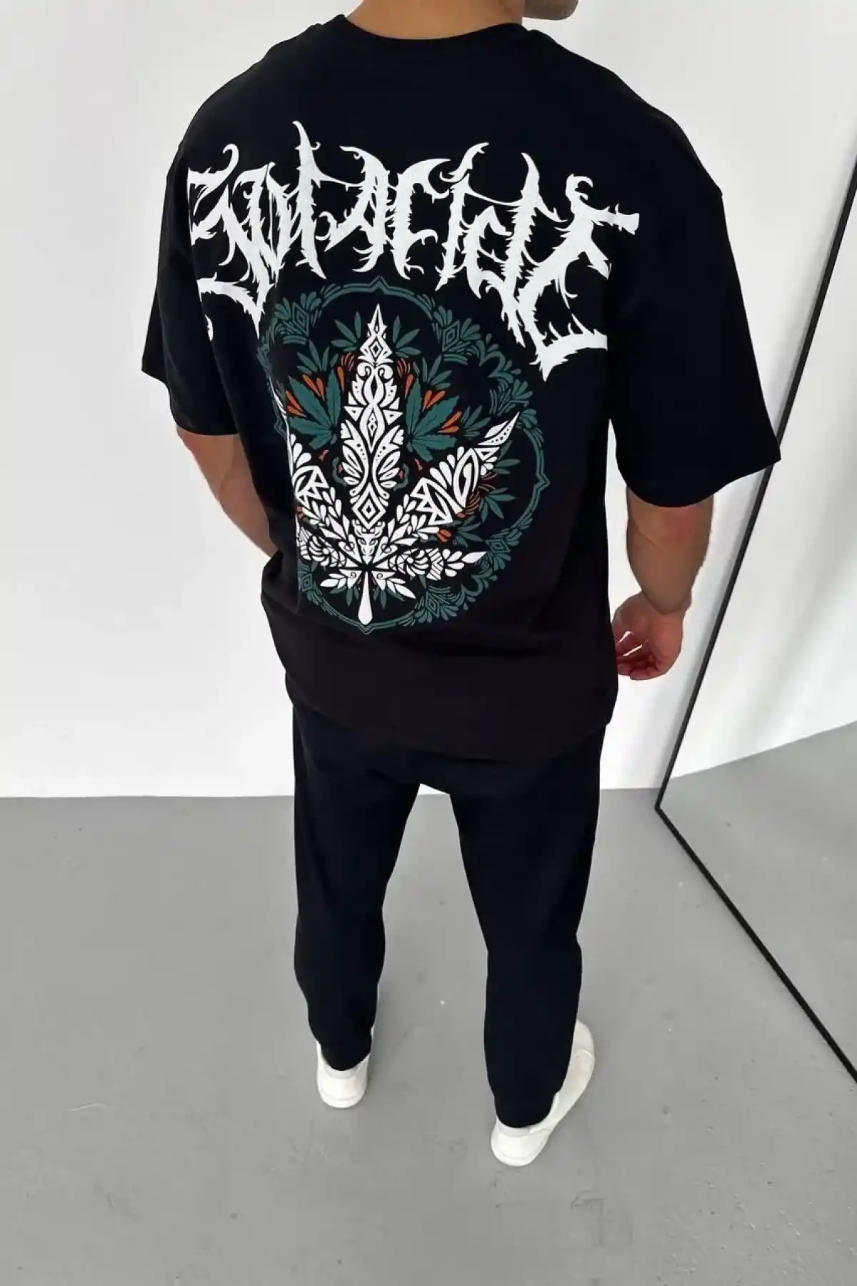 ERKEK Bisiklet Yaka Baskılı Oversize T-Shirt - Siyah