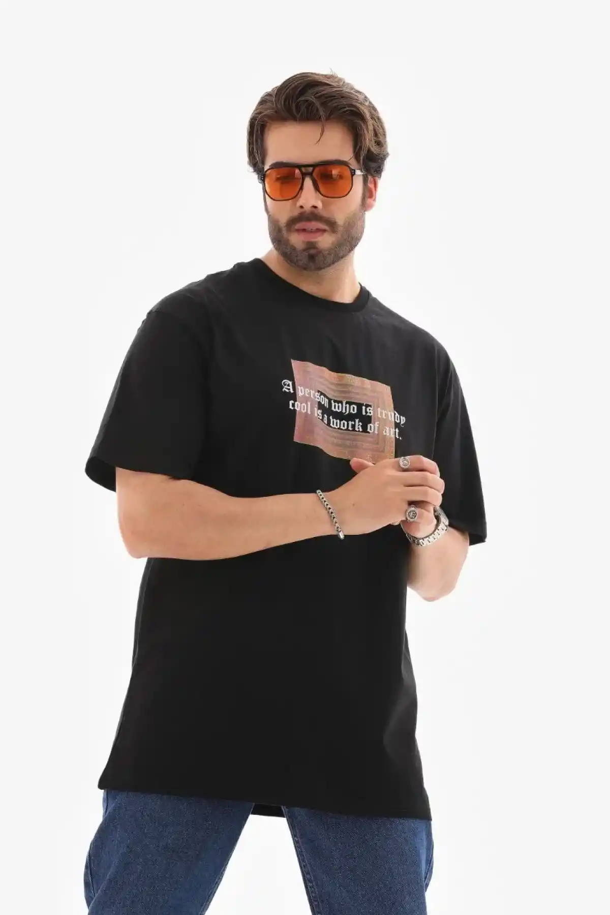 Erkek Bisiklet Yaka Baskılı Oversize T-Shirt - Siyah