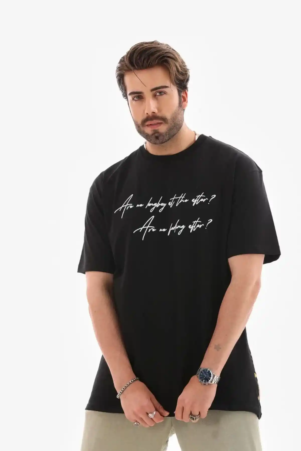 Erkek Bisiklet Yaka Baskılı Oversize T-Shirt - Siyah