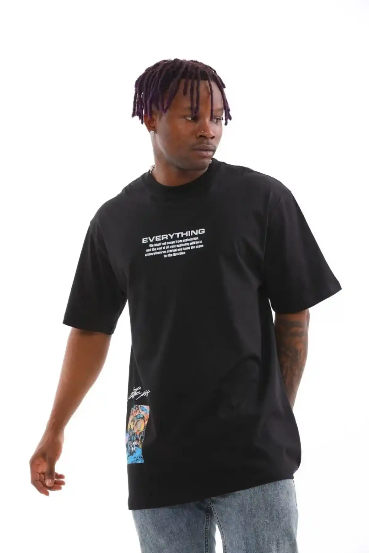 Erkek Bisiklet Yaka Baskılı Oversize T-Shirt - Siyah