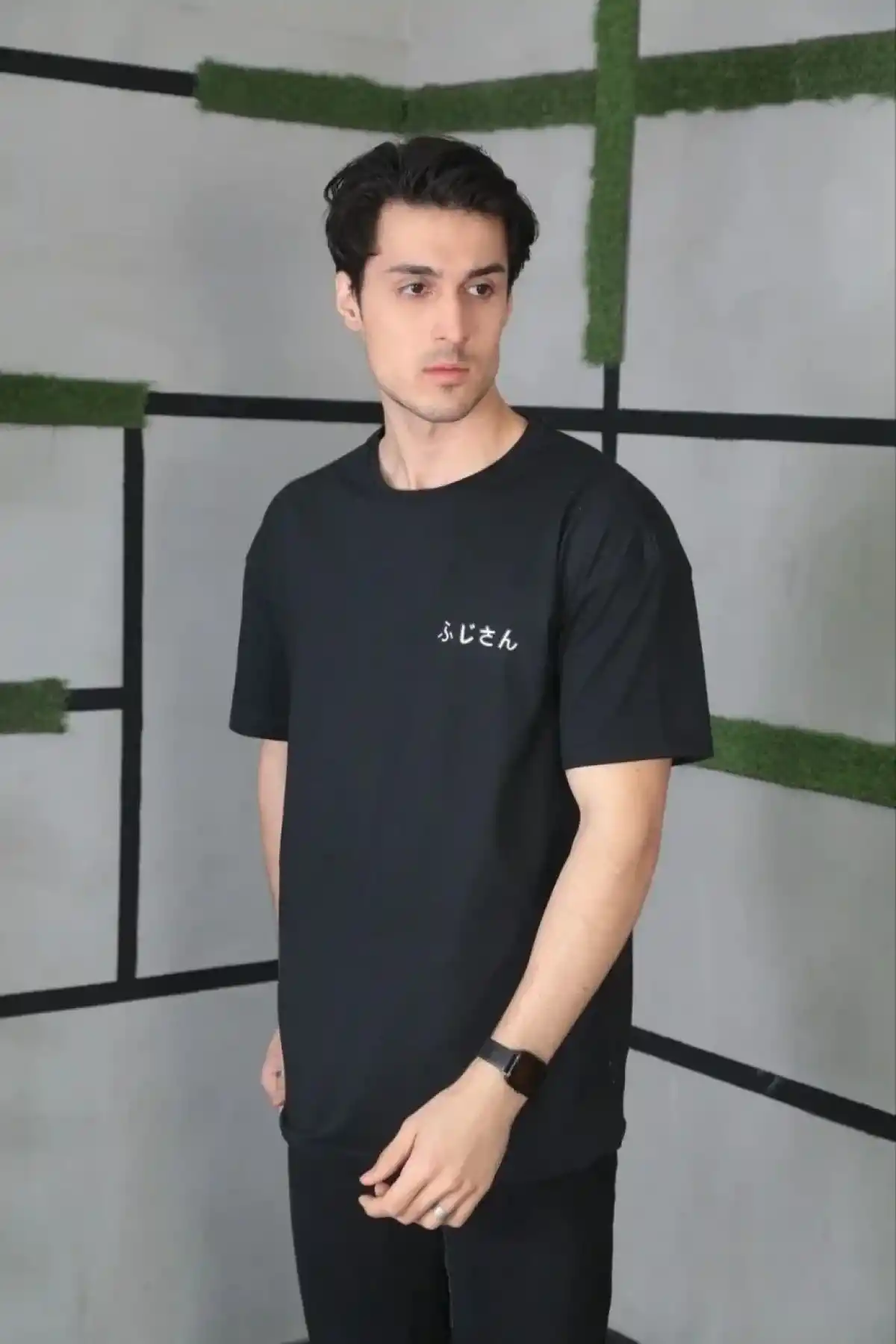 ERKEK Bisiklet Yaka Baskılı Oversize T-Shirt - Siyah