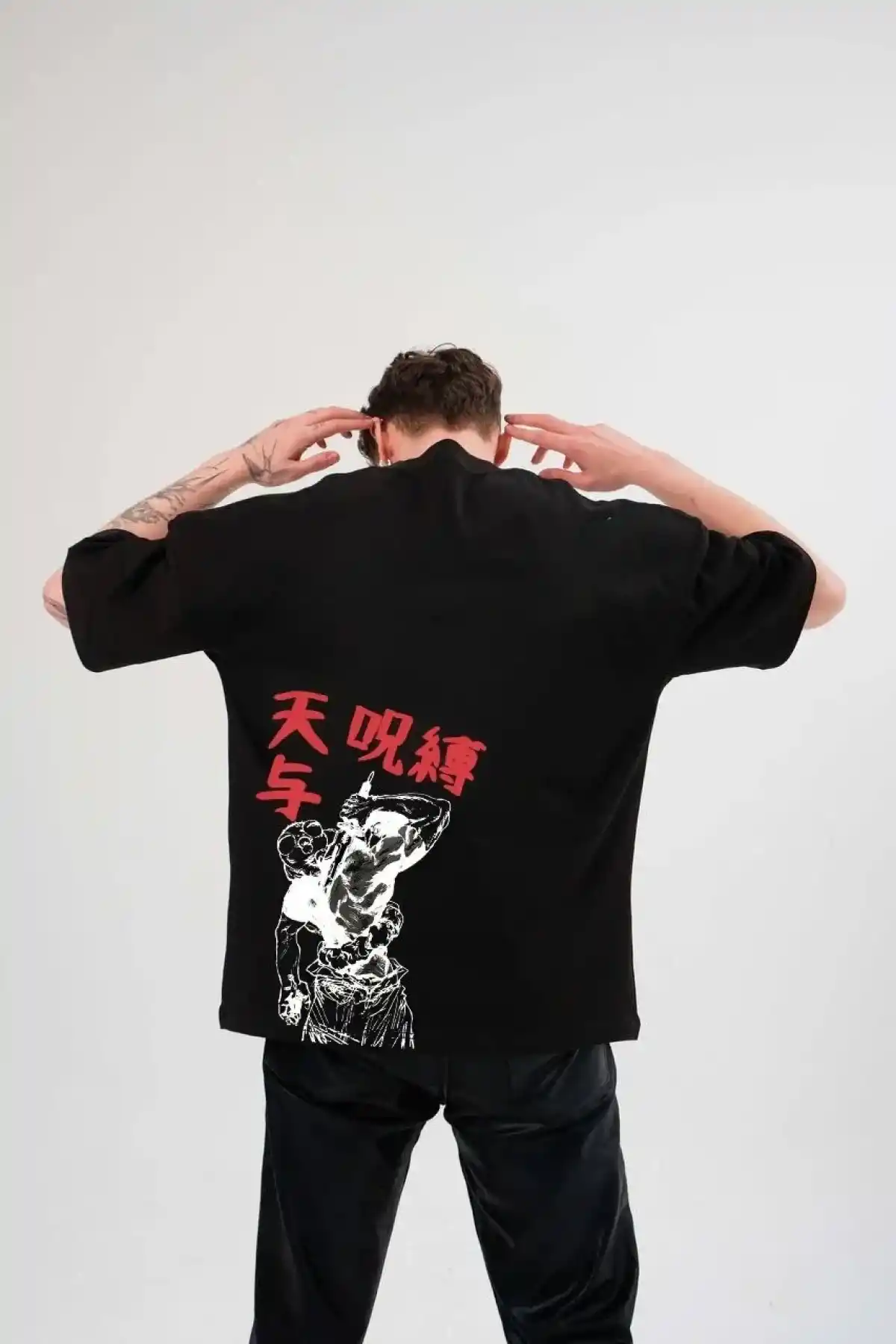 Erkek  Bisiklet Yaka Baskılı Oversize T-Shirt - Siyah