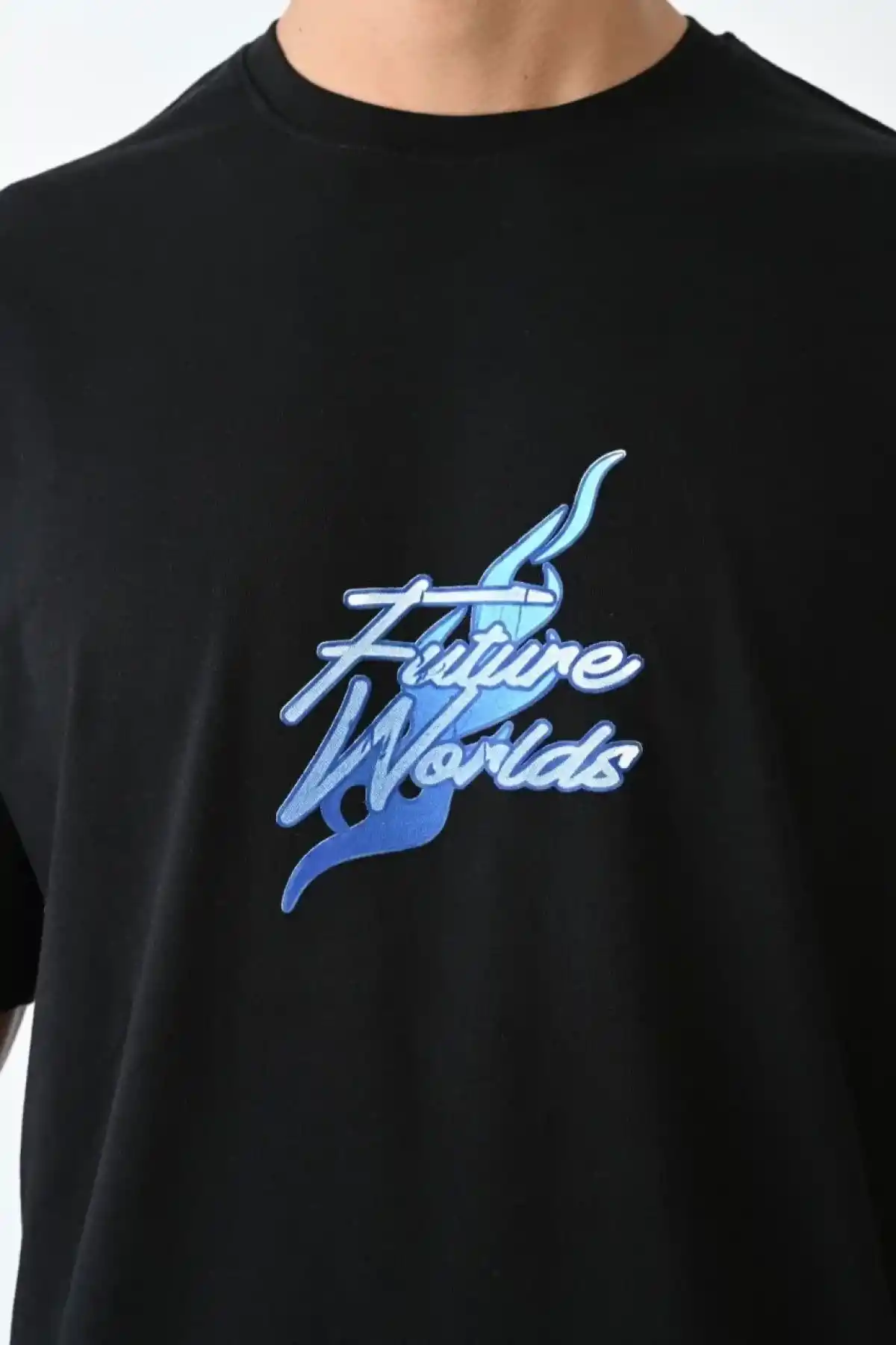 ERKEK Bisiklet Yaka Baskılı Oversize T-Shirt - Siyah