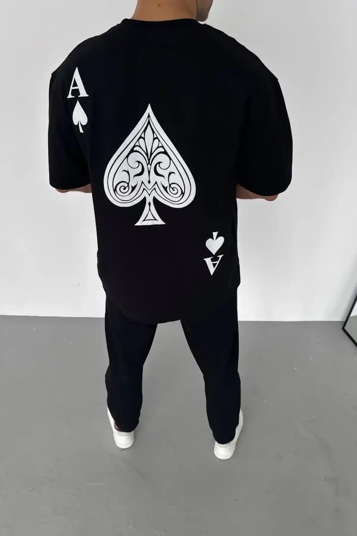 Erkek Bisiklet Yaka Baskılı Oversize T-Shirt - Siyah