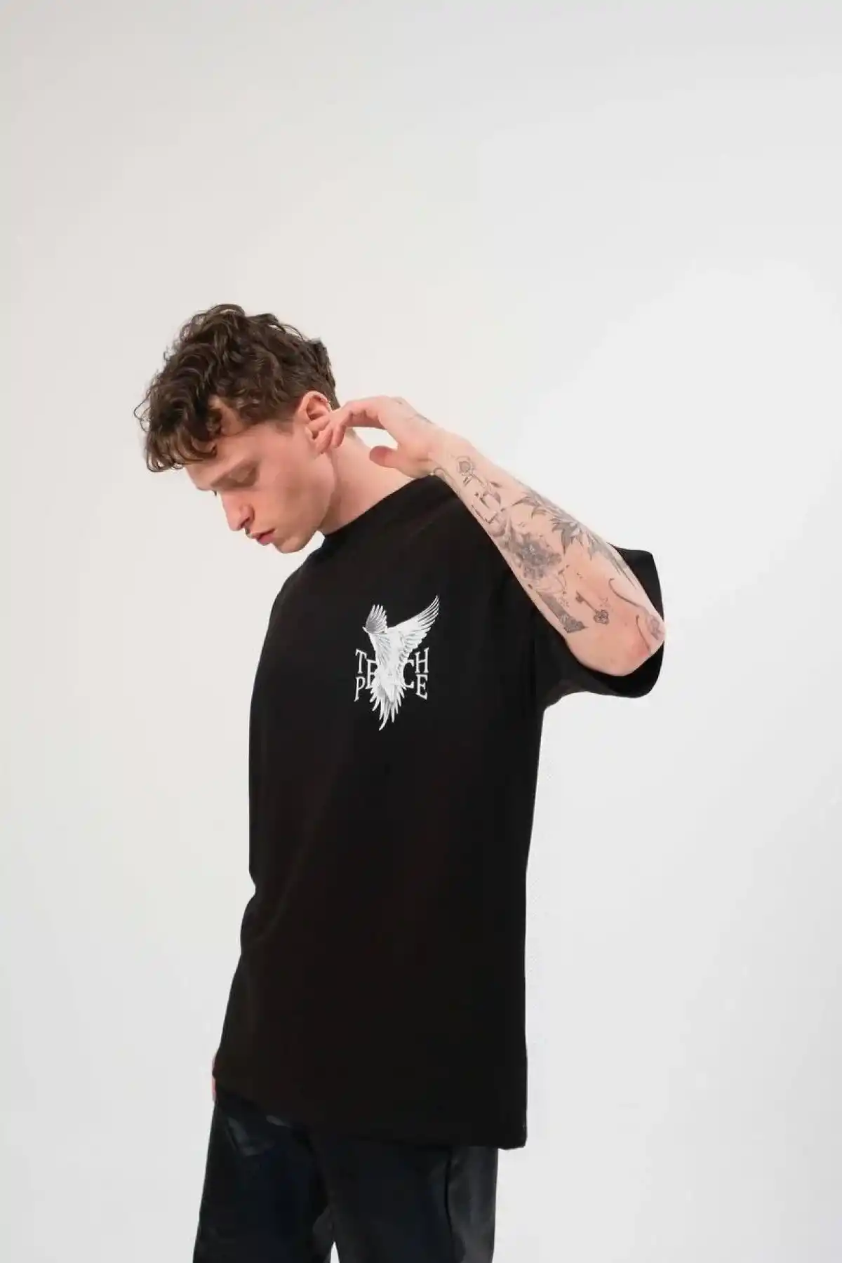 Erkek Bisiklet Yaka Baskılı Oversize T-Shirt - Siyah