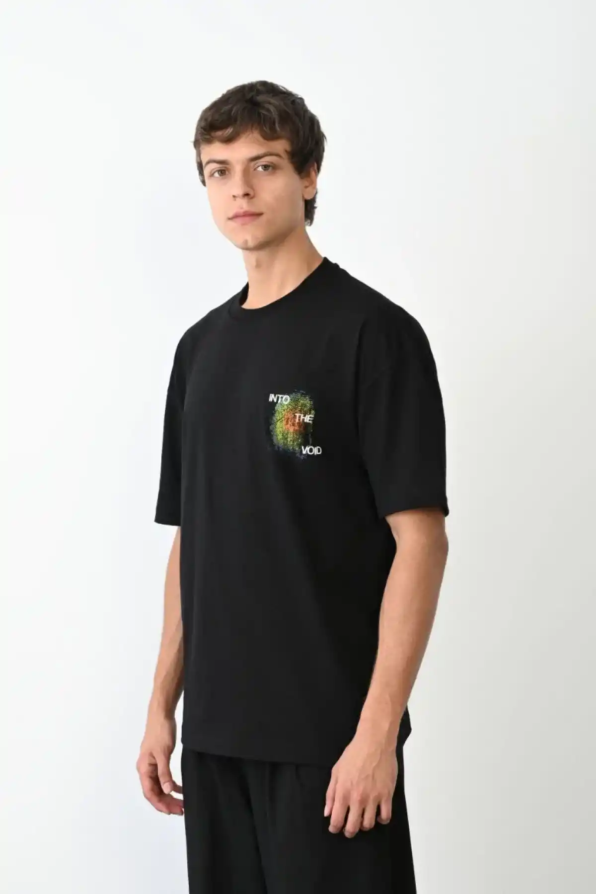 Erkek Bisiklet Yaka Baskılı Oversize T-Shirt - Siyah