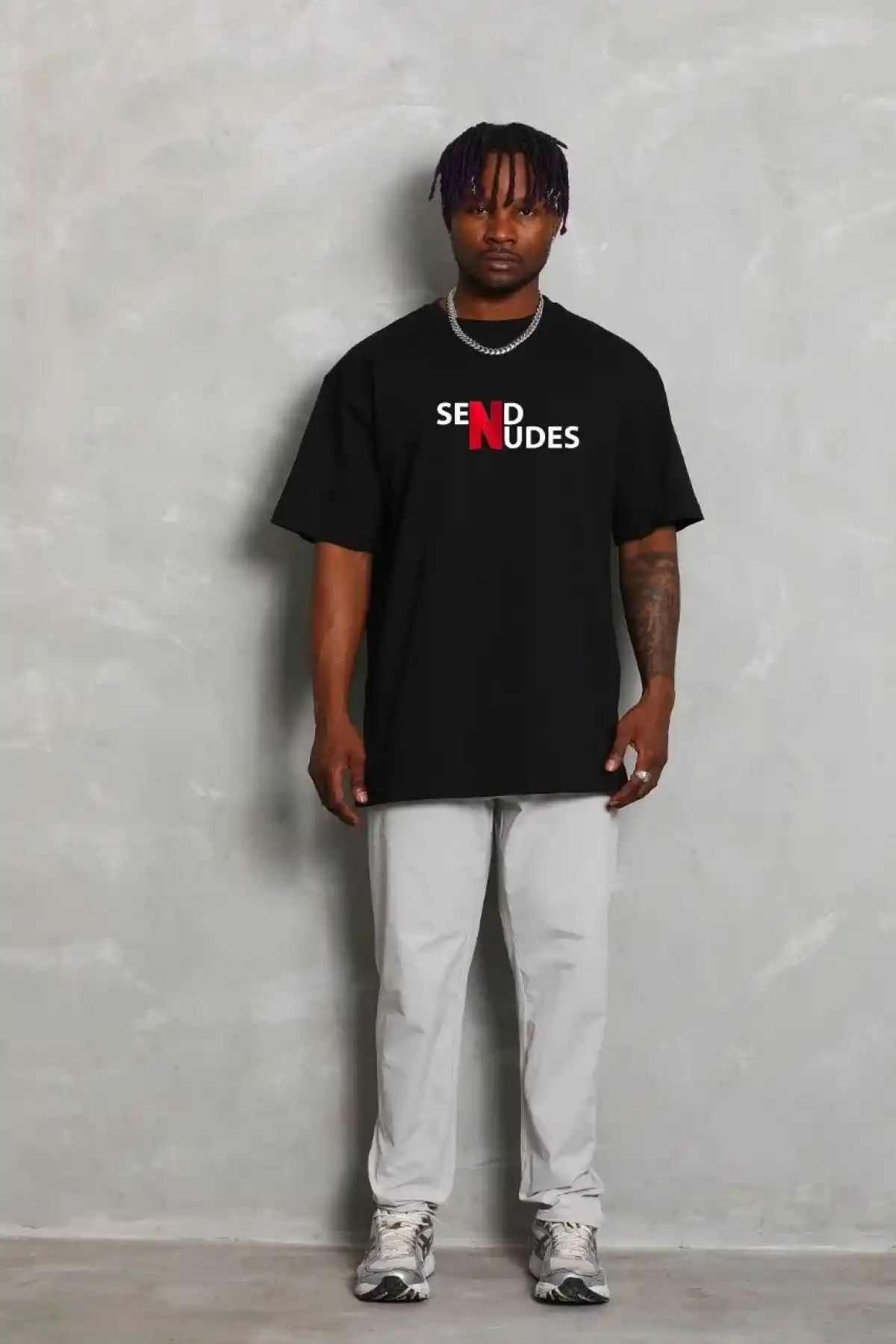 ERKEK Bisiklet Yaka Double Oversize Baskılı T-Shirt - Siyah