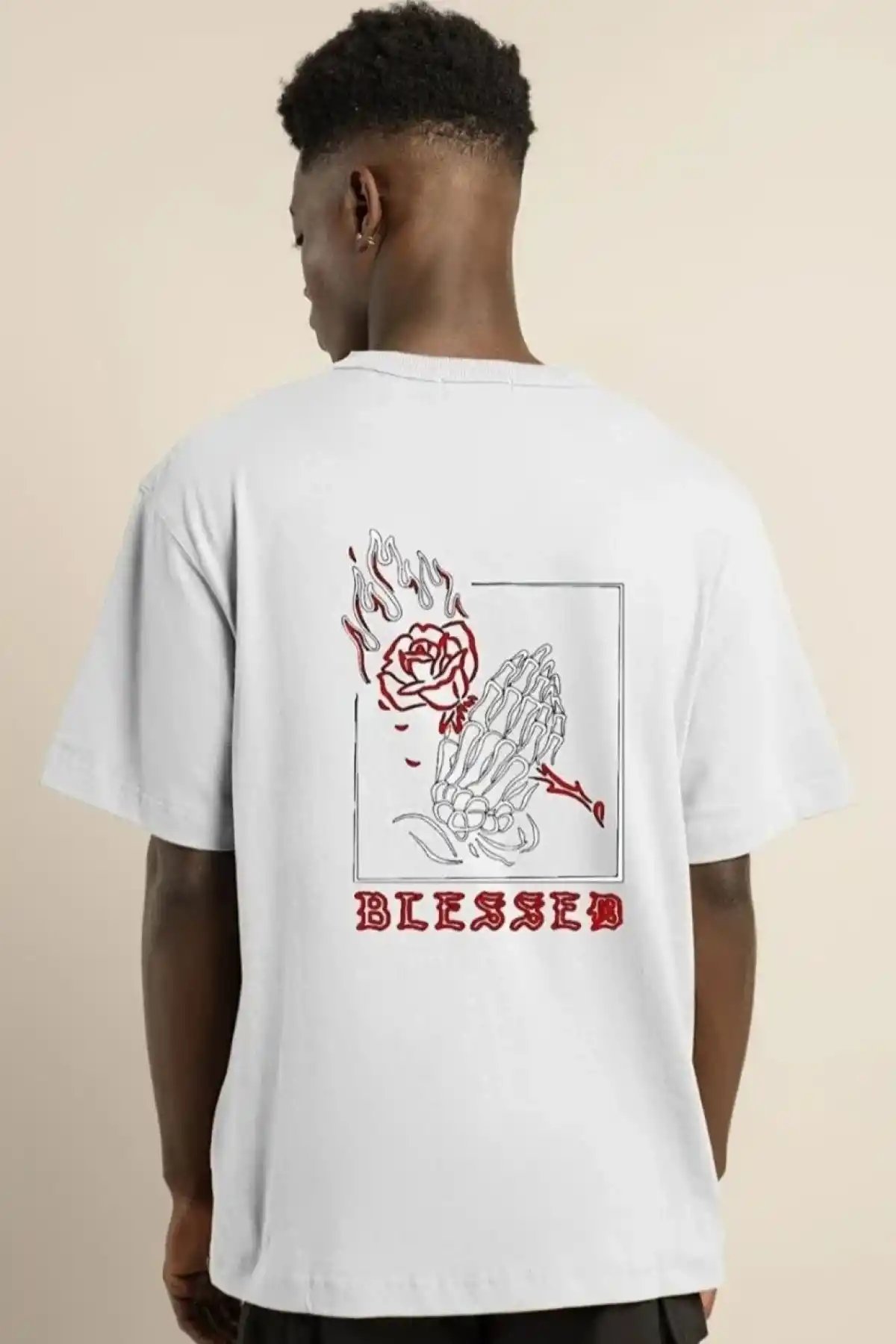 ERKEK Bisiklet Yaka Oversize Baskılı T-Shirt - Beyaz