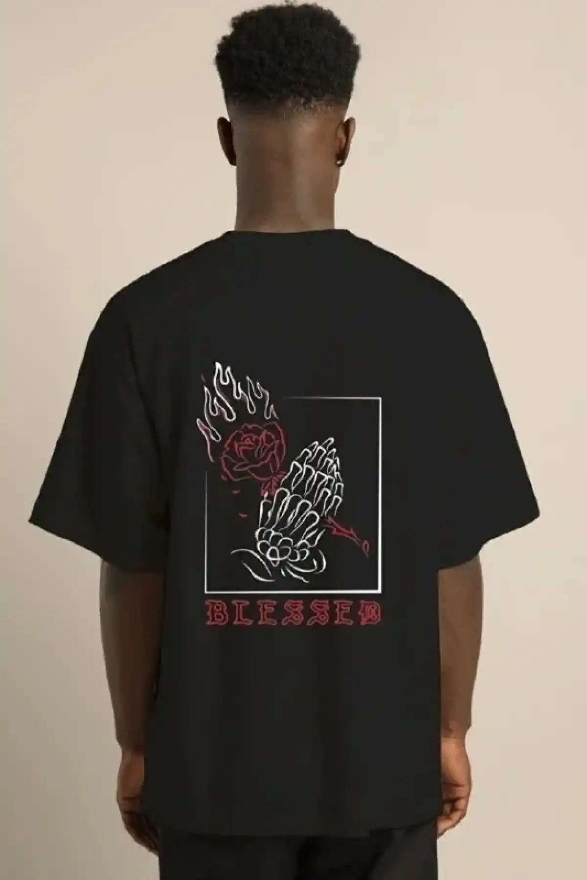 ERKEK Bisiklet Yaka Oversize Baskılı T-Shirt - Siyah